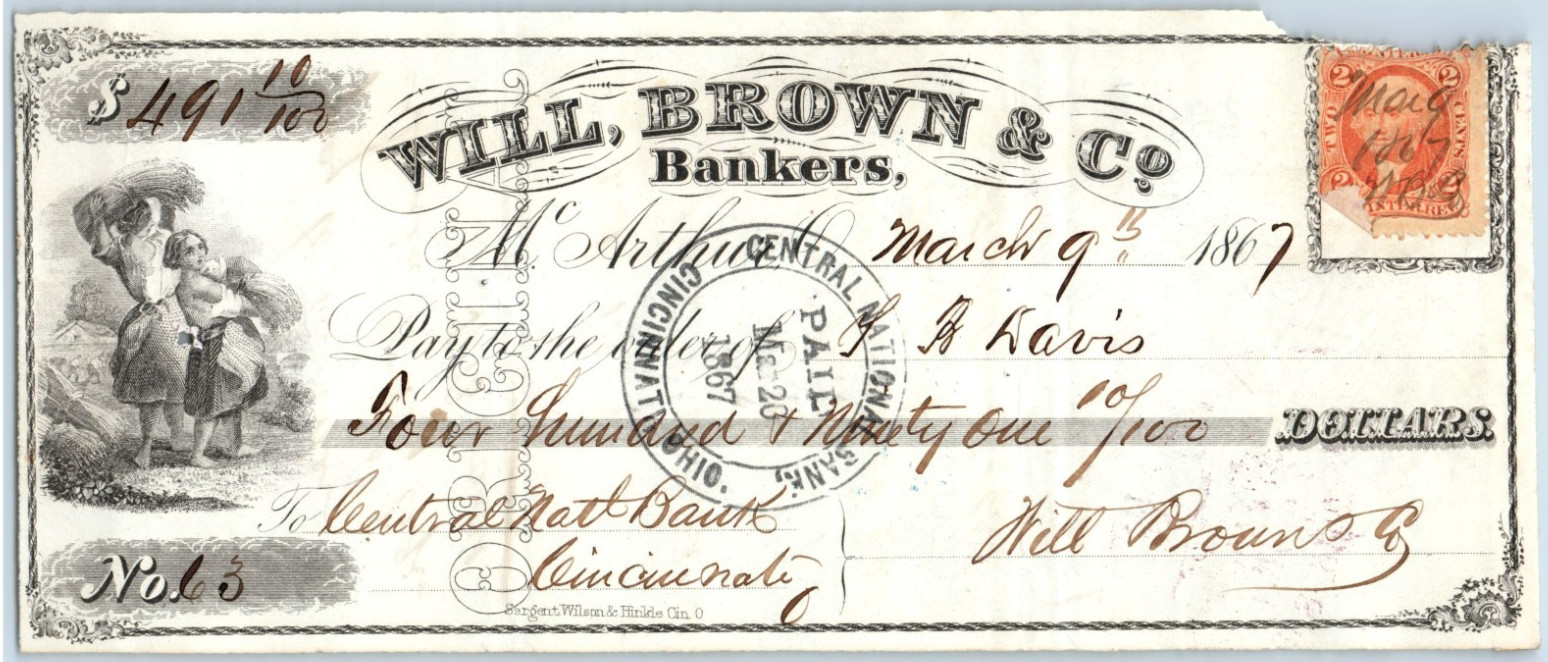 1867 Will Brown & Co Cincinnati, Ohio Bank Check w/ 2 Cent Tax Stamp 21 #DC