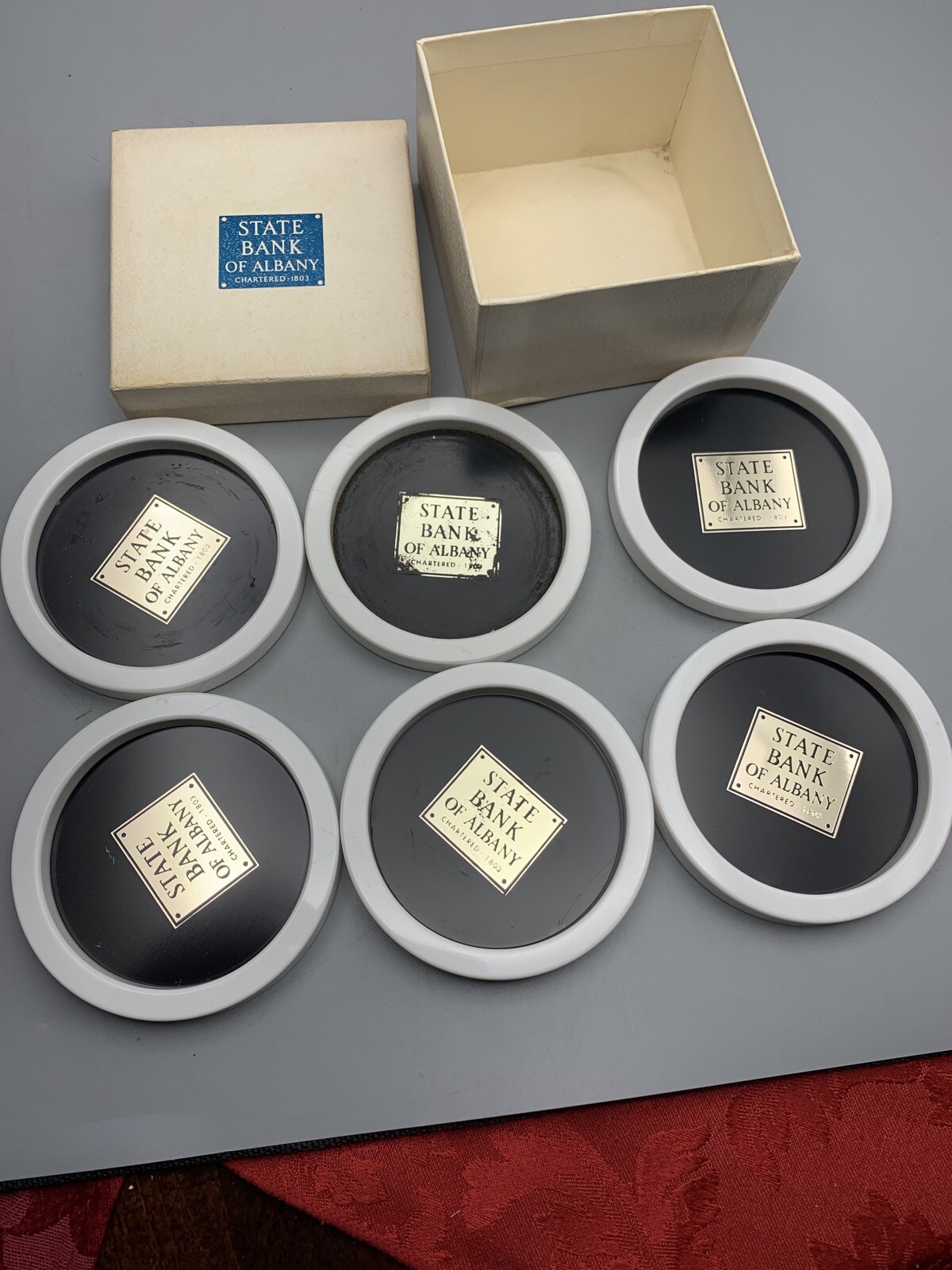 Vintage State Bank Of Albany Coaster Set Boxed Set Of 6