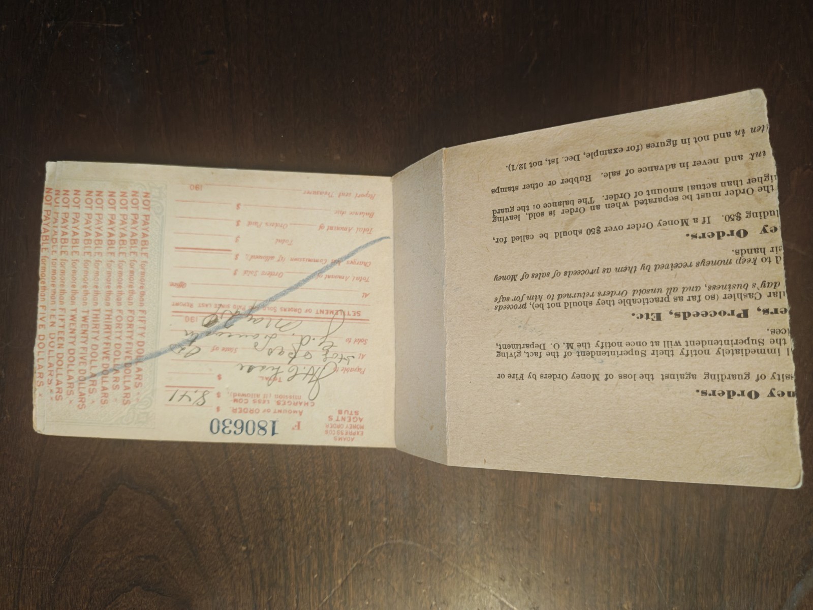 Vintage Adams Express Co’s Money Order Agent’s Stub Booklet 1901