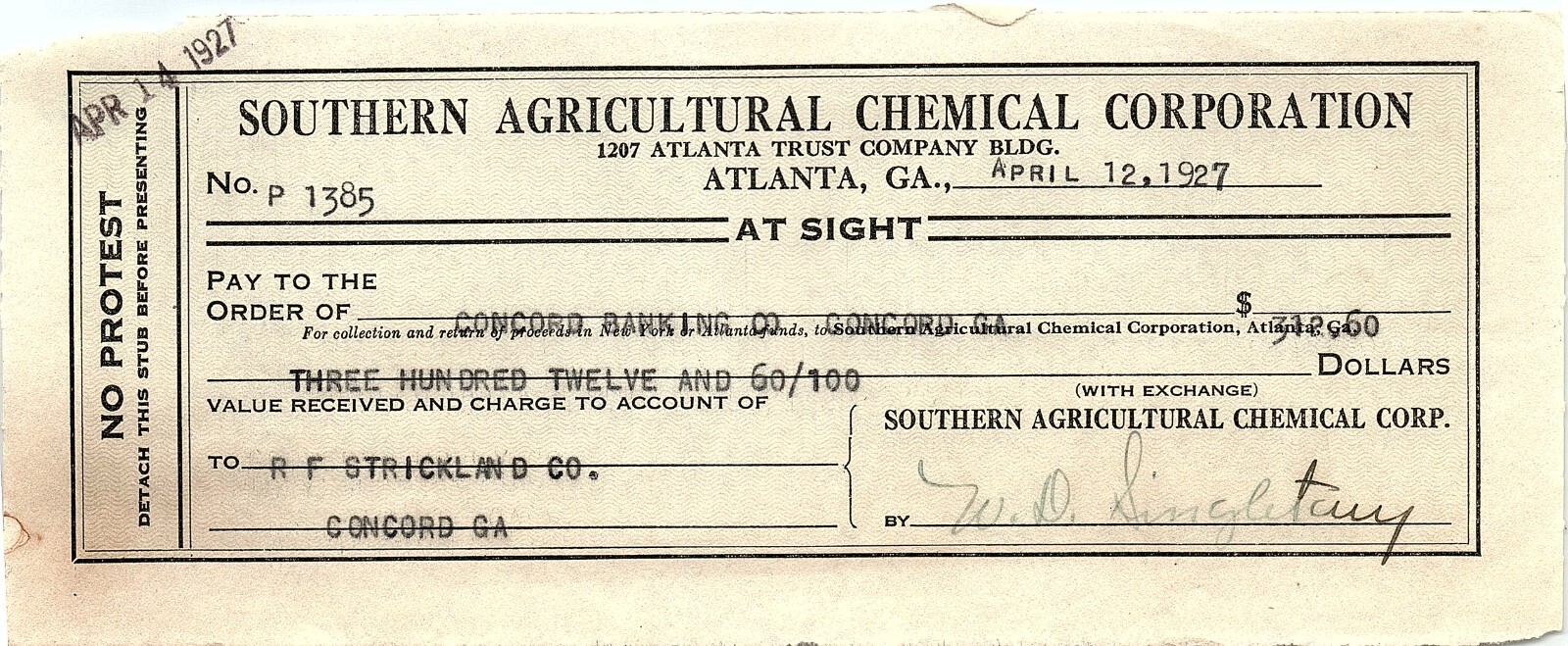 1927 SOUTHERN AGRICULTURAL CHEMICAL CORP ATLANTA GA BANKING CHECK DRAFT Z6312