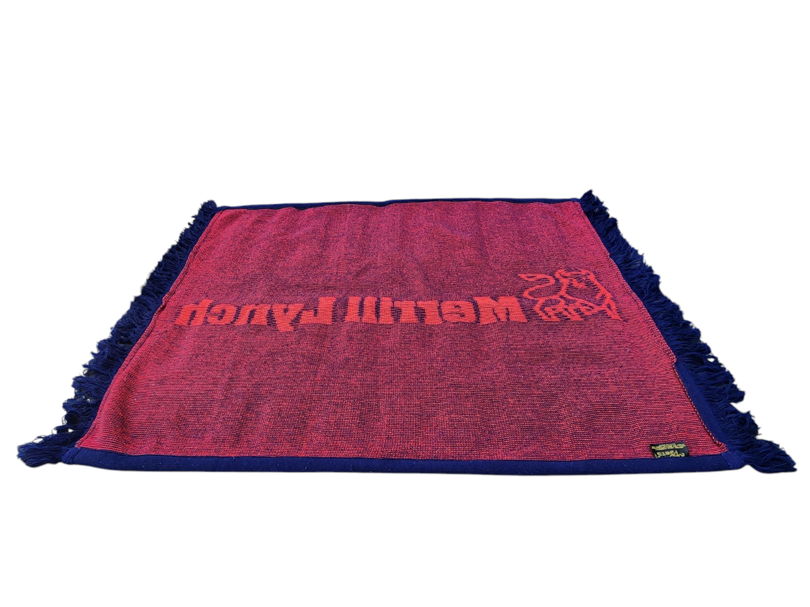 VTG Merrill Lynch Bull Banking Logo Knit Throw Acrylic Blanket Fringed Blue Red