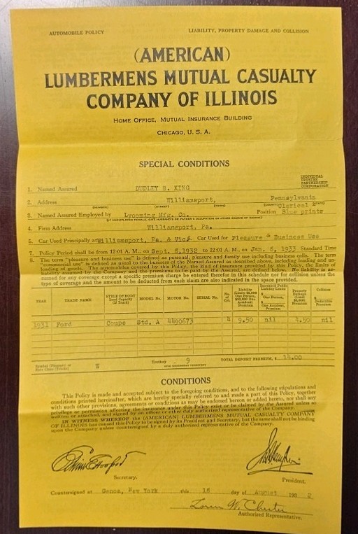 Ford 1931 Coupe Motor # 4490673 Lumberman’s Mutual Insurance Policy Documents