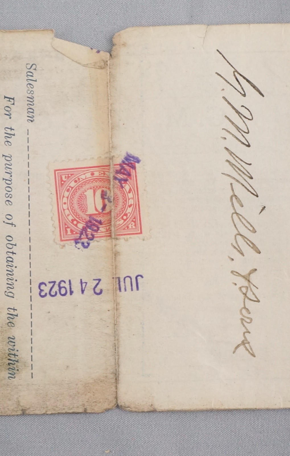 1923 Promissory Note G. M. Mills & Sons Noblesville IN Revenue stamp $450