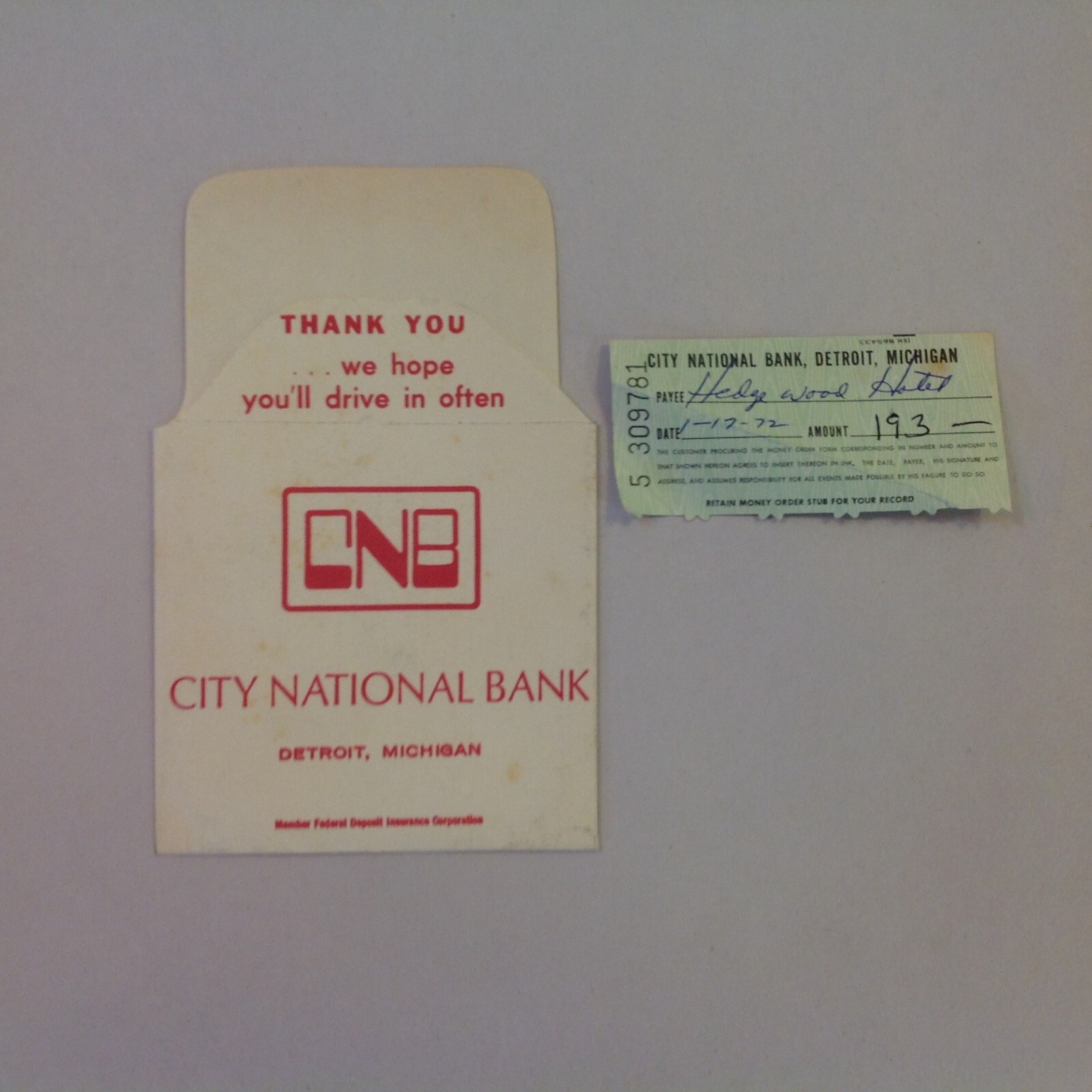 Vtg 1972 City National Bank Detroit Michigan Drive In Bankit Container and Stub