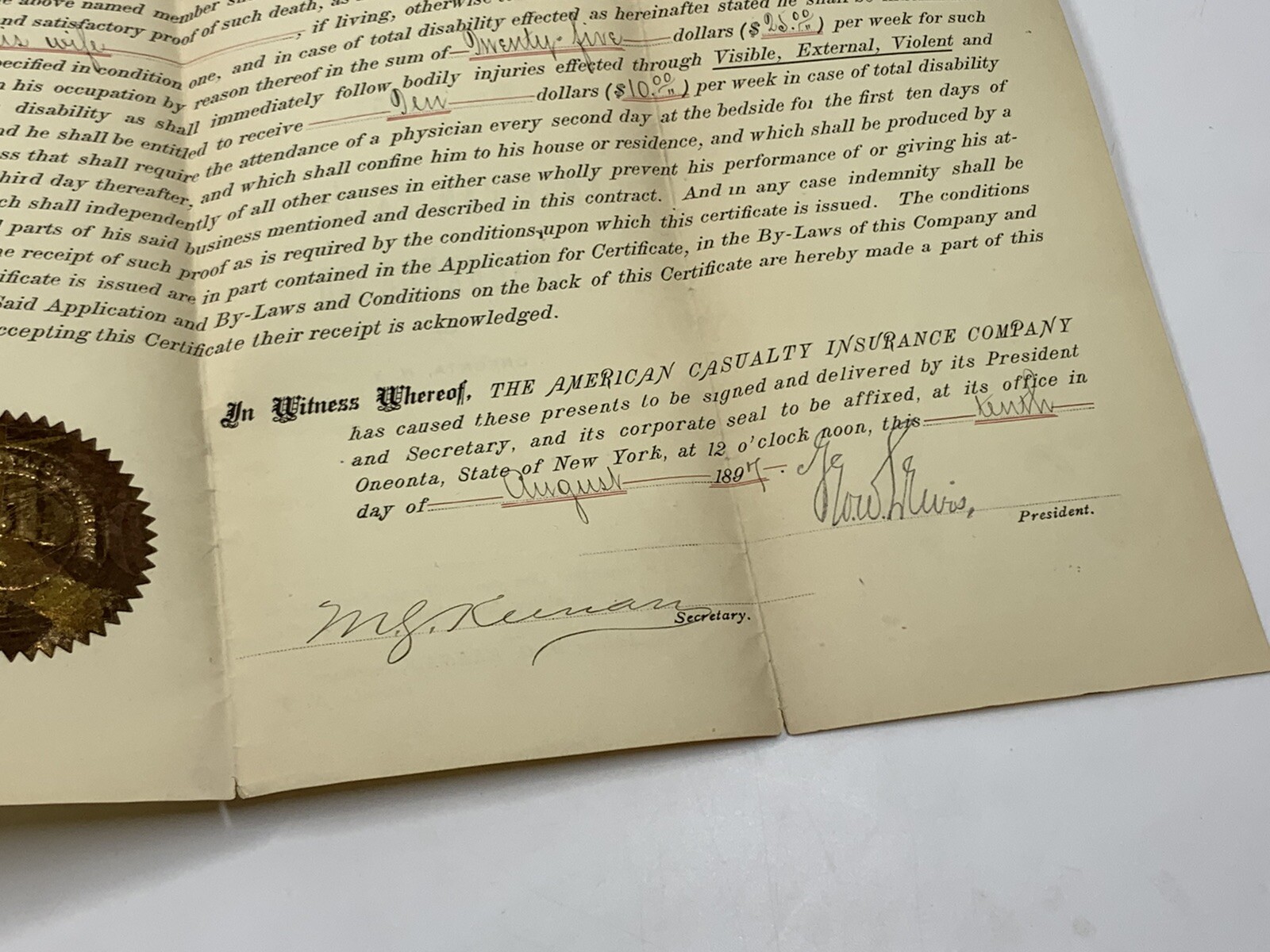 1897 Eagle Engraved Policy American Casualty Insurance Company Oneonta New York