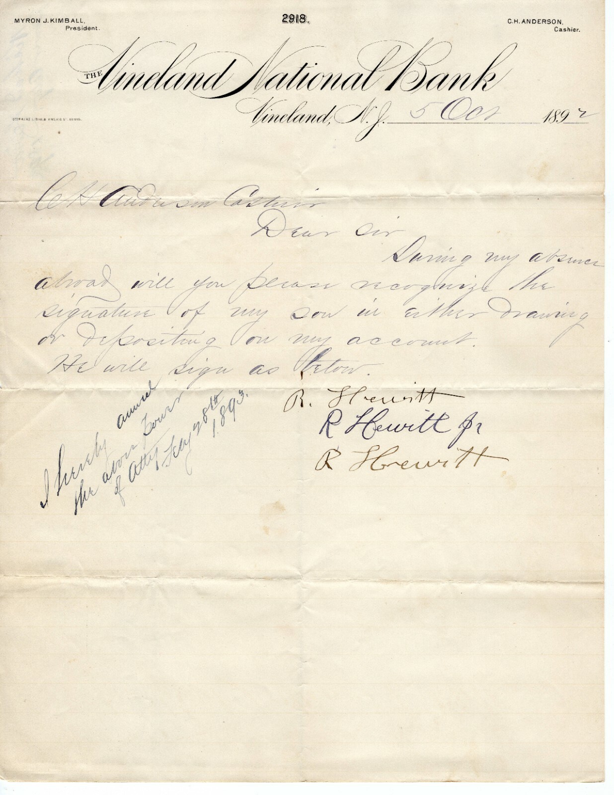 1892 The Vineland National Bank Signed Letter Vineland, New Jersey