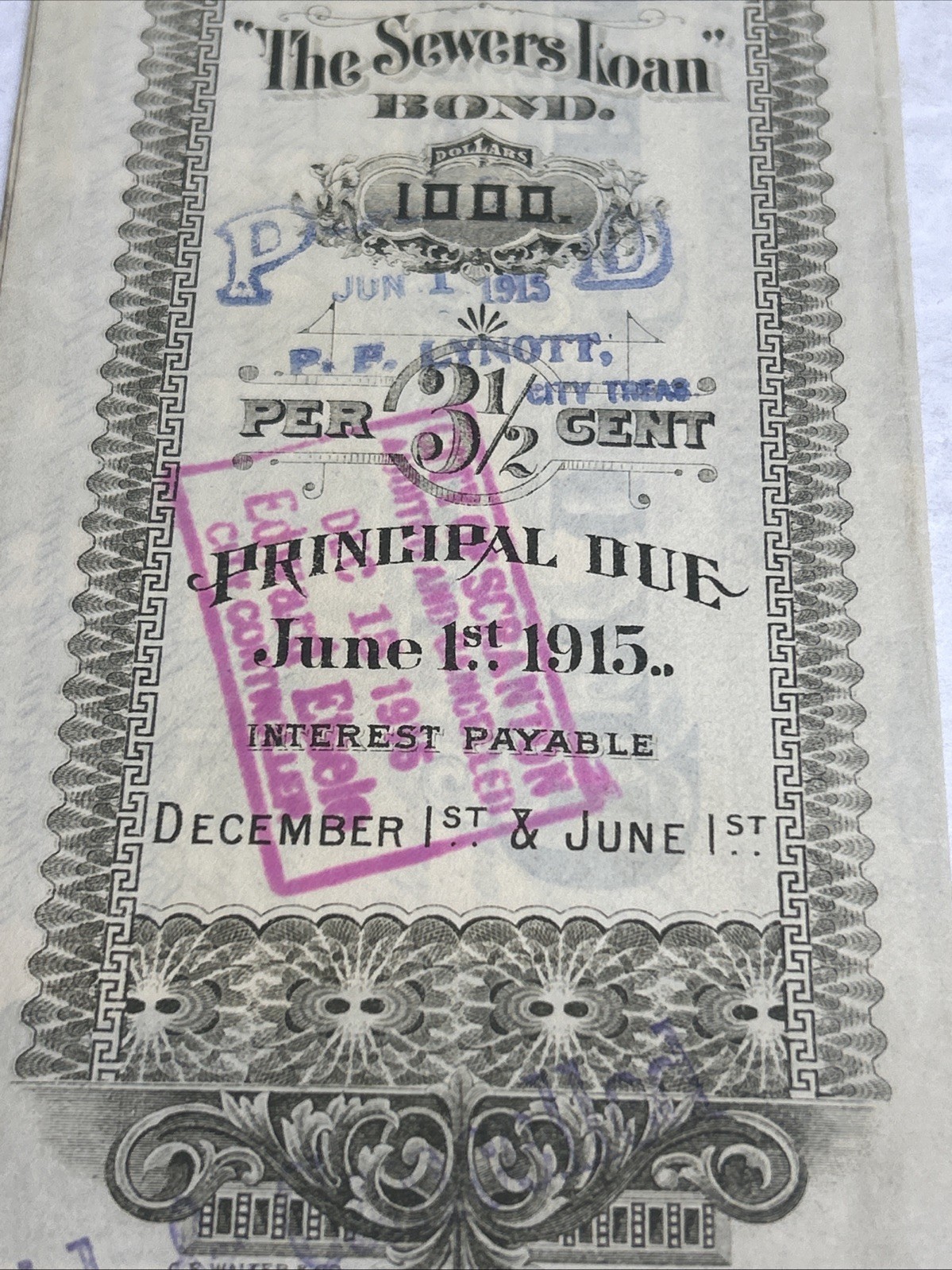 $1000 Bond City Of Scranton June , 1st 1915 SCRANTON,PA