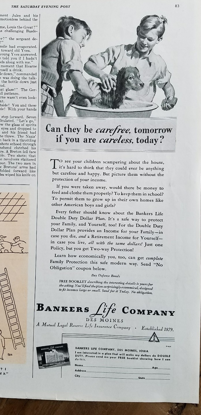 1942 Bankers Life Insurance boys giving dog bath ad