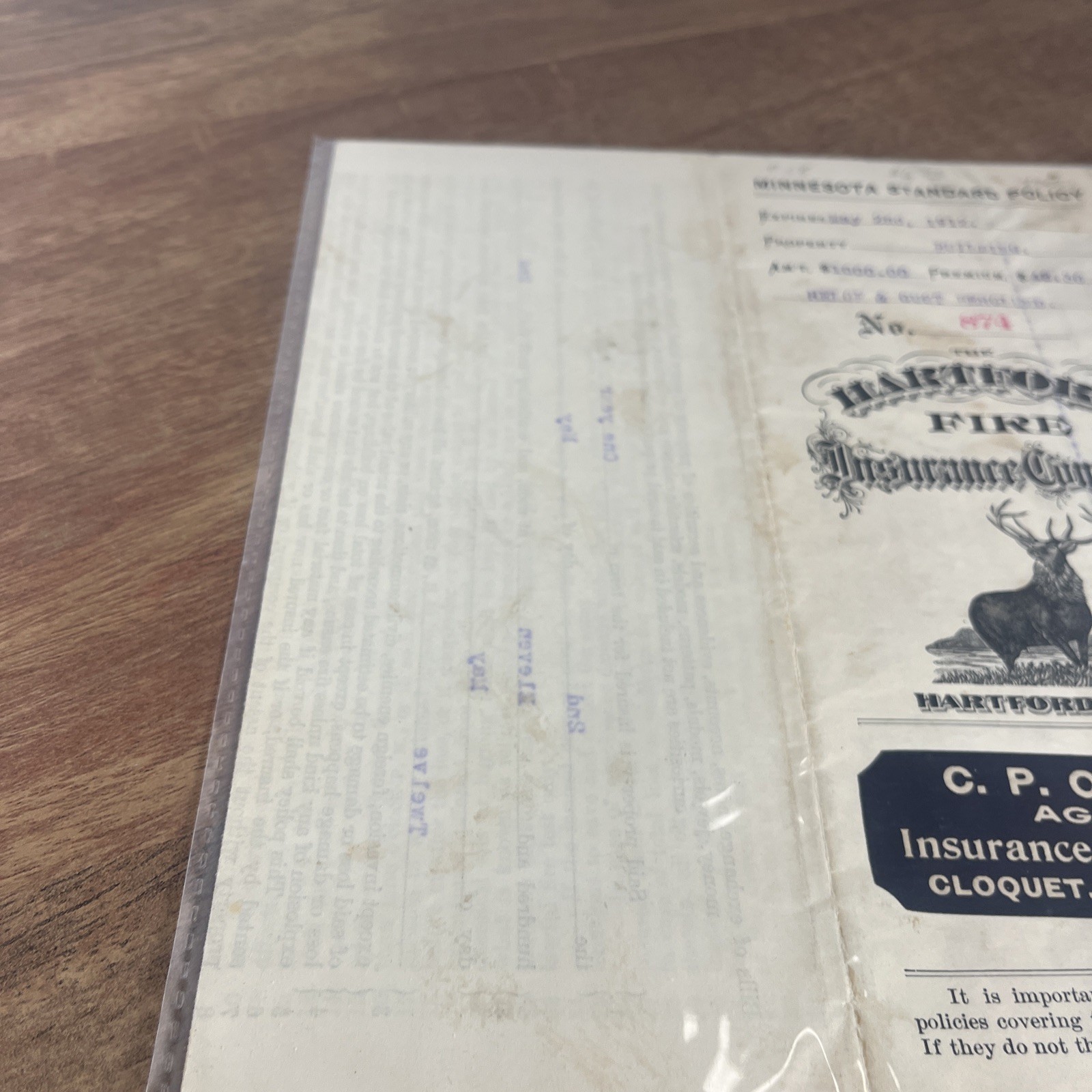 vintage 1911 Hartford Fire Insurance Company policy
