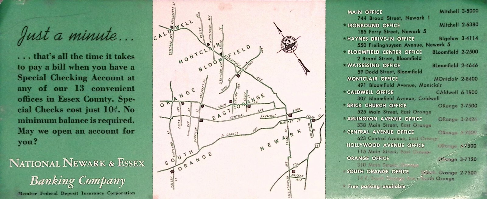 National Newark & Essex Banking Co NJ Map Advertising Brochure 1940s-50s