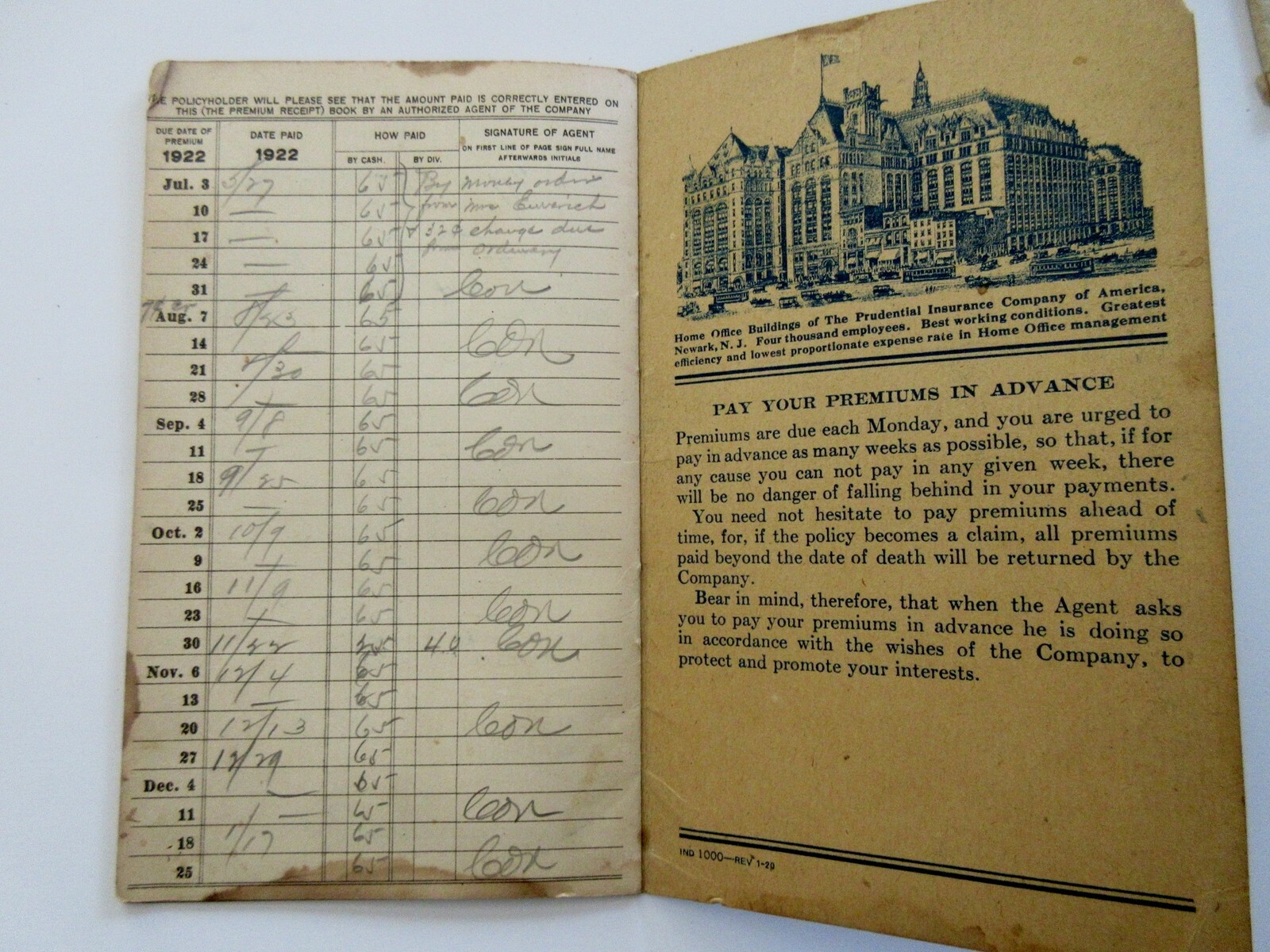 VINTAGE 1920 PREMIUM RECEIPT BOOK Prudential Insurance Co of America NEWARK NJ