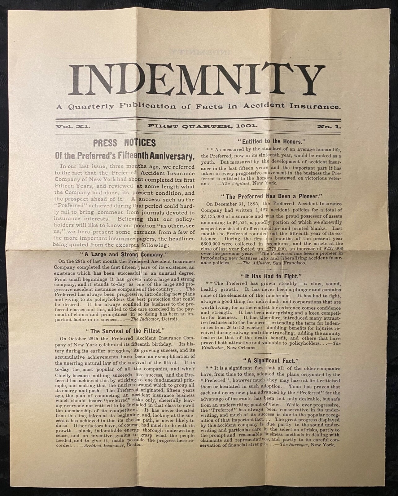 1901 **INDEMNITY** (QUARTERLY PUBLICATION OF FACTS IN ACCIDENT INSURANCE! RARE!