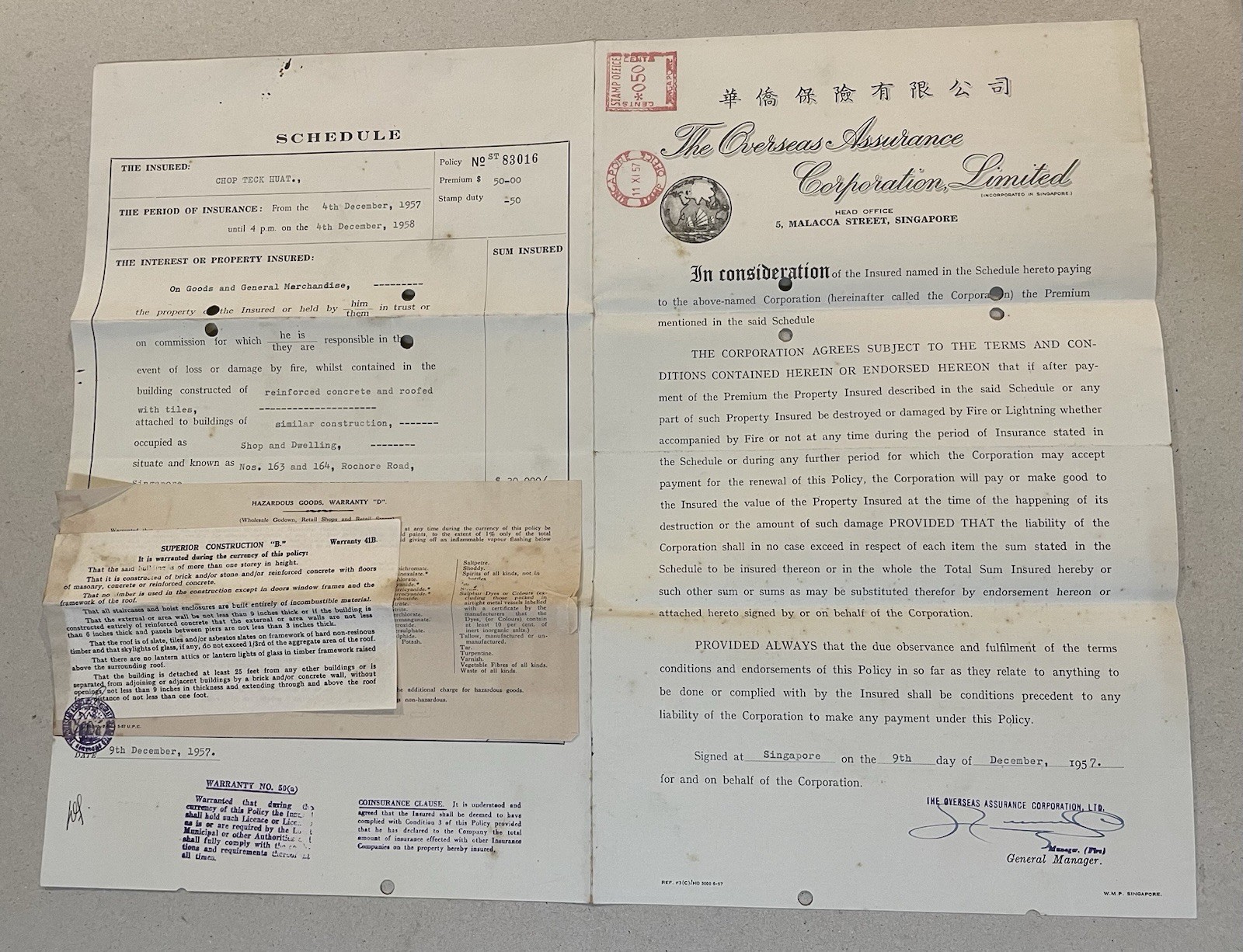 1957 Singapore The Overseas Assurance Corp Ltd insurance certificate 華僑保險有限公司保險單