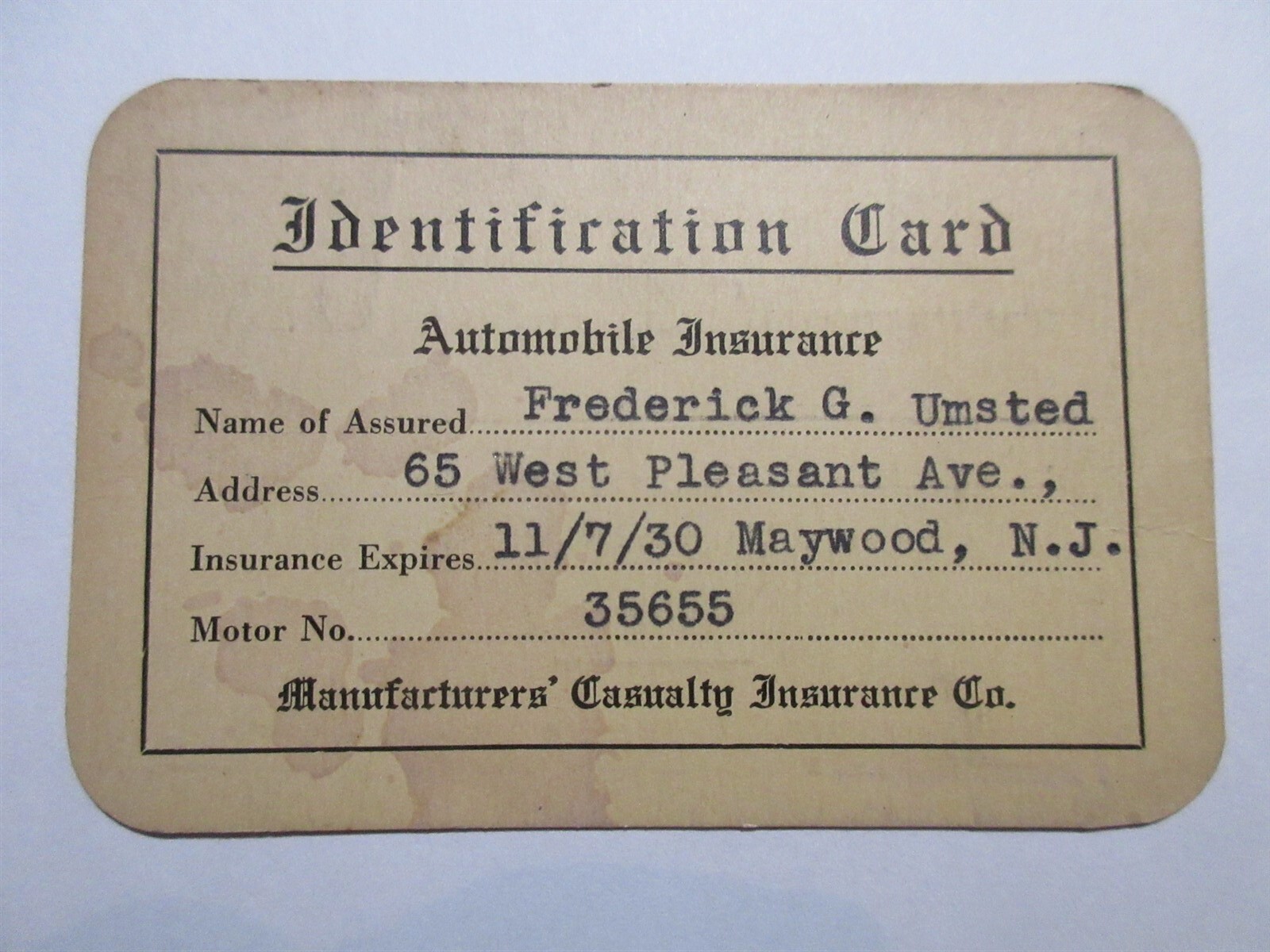 Manufacturers Casualty Insurance Co. Identification Card Nov 7, 1930 New Jersey