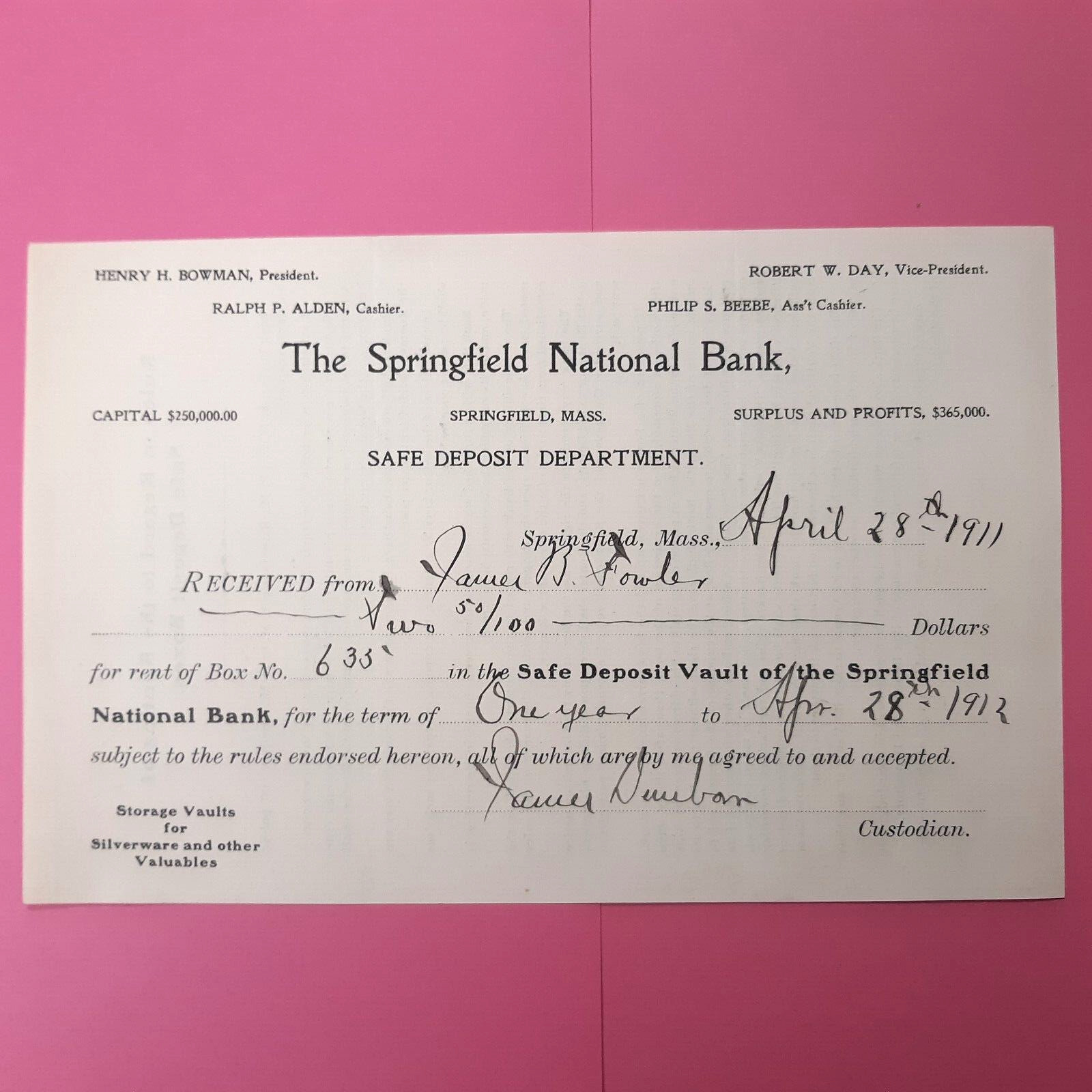 1911 Springfield Mass National Bank Safe Deposit box rental receipt