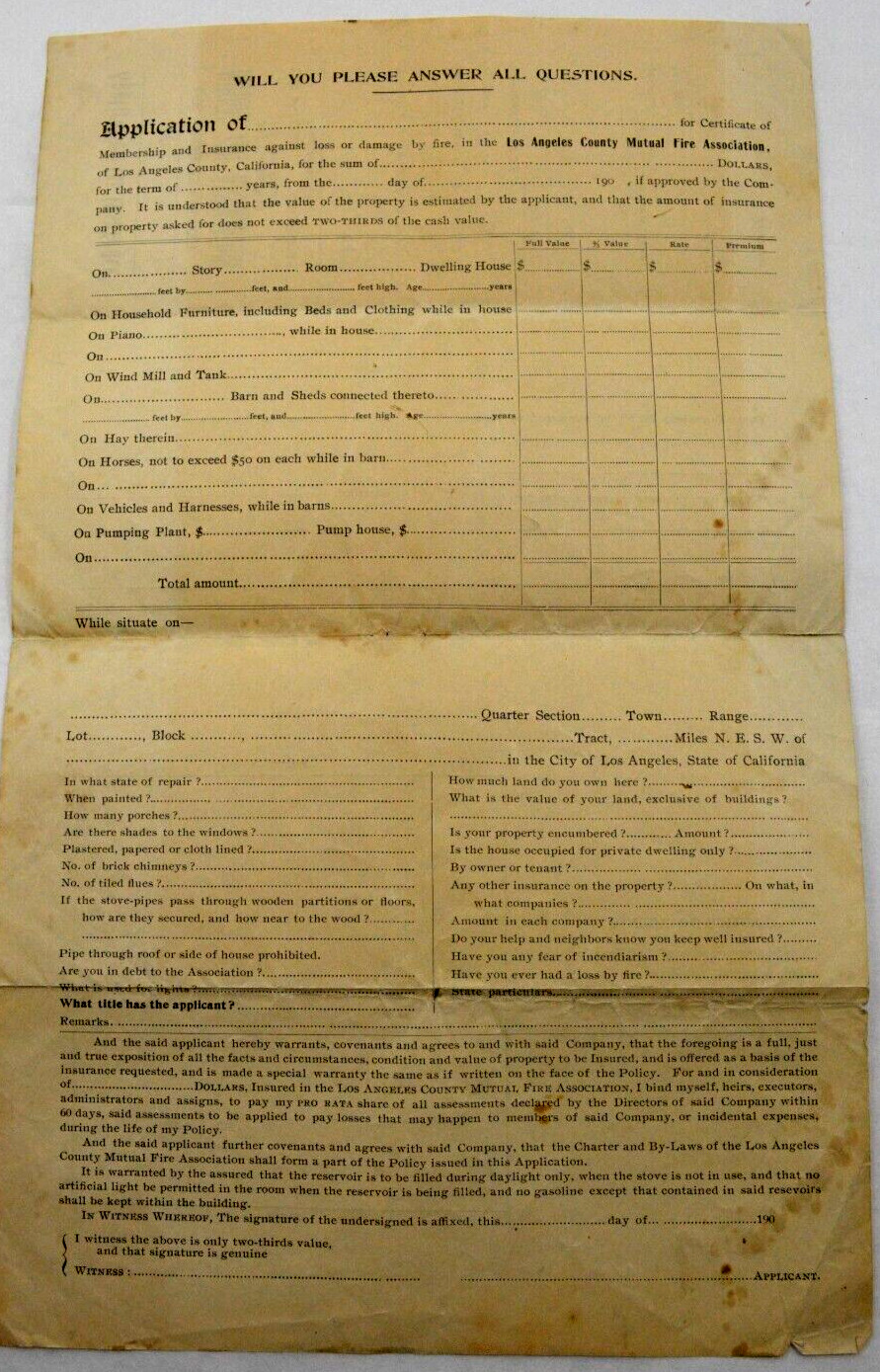 Los Angeles County Mutual Fire Association Application For Insurance 1908