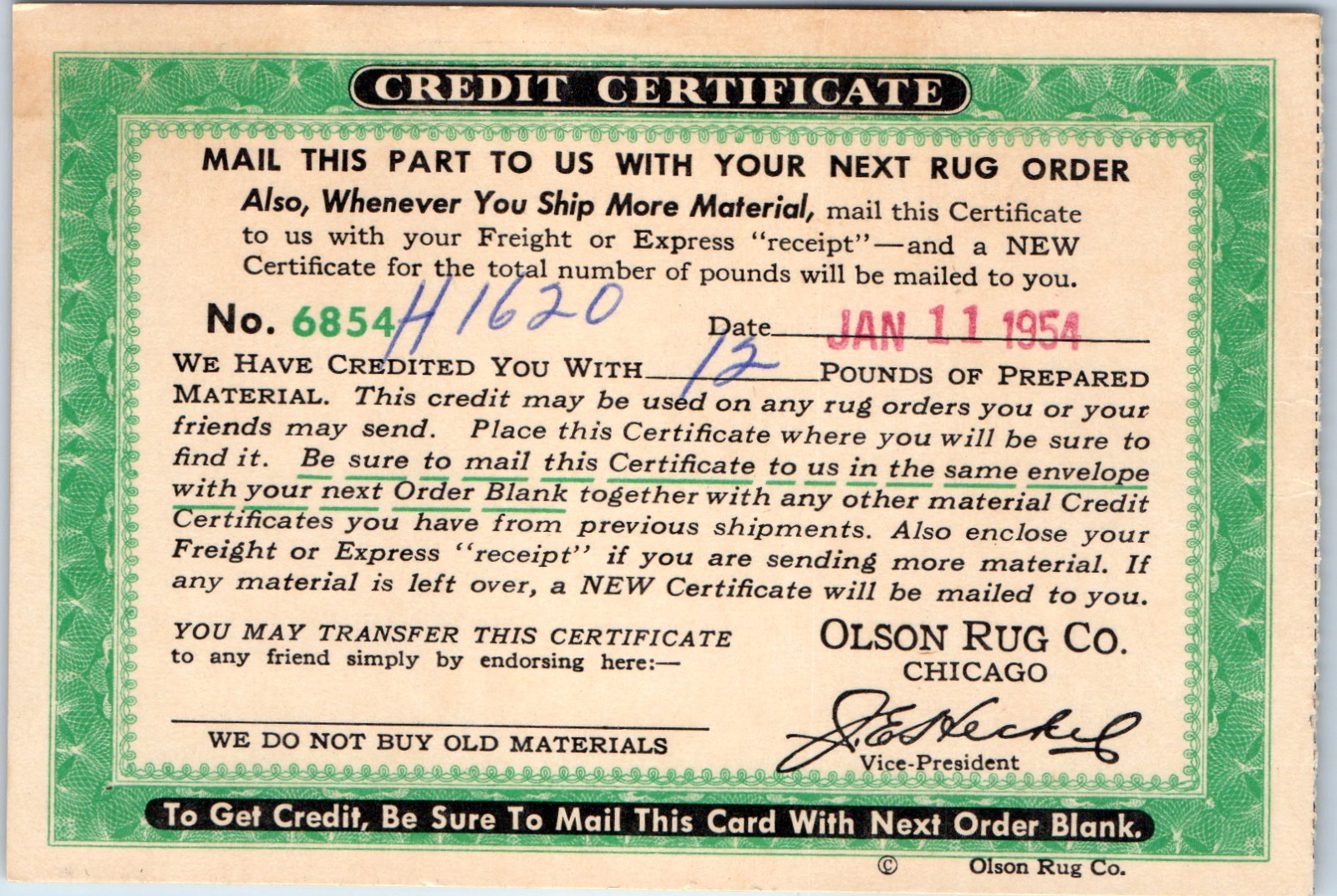 1954 Olson Rug Co Chicago Credit Certificate Receipt Advertising Ephemera Vtg