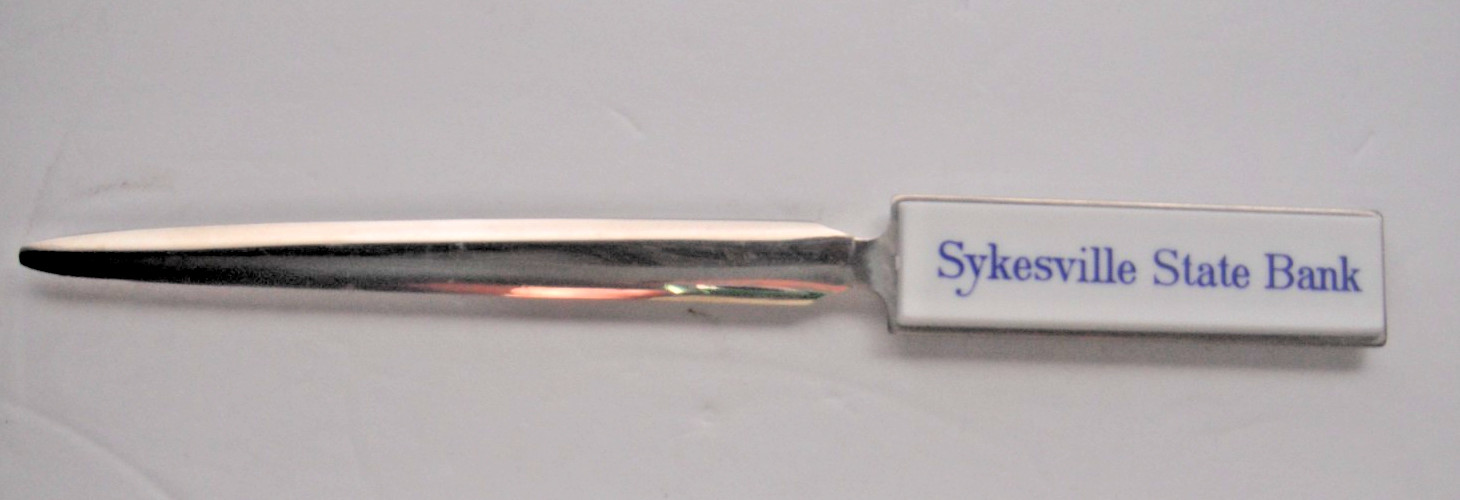 SYKESVILLE STATE BANK Maryland Promotional LETTER OPENER 7-1/2″ Long