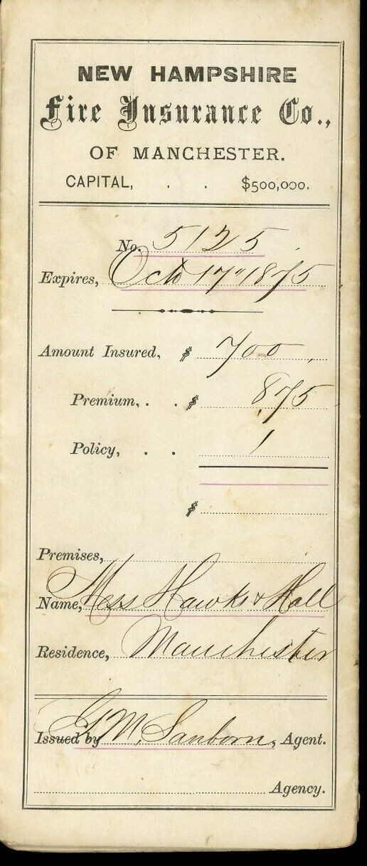1875 New Hampshire Fire Insurance Company of Manchester Policy