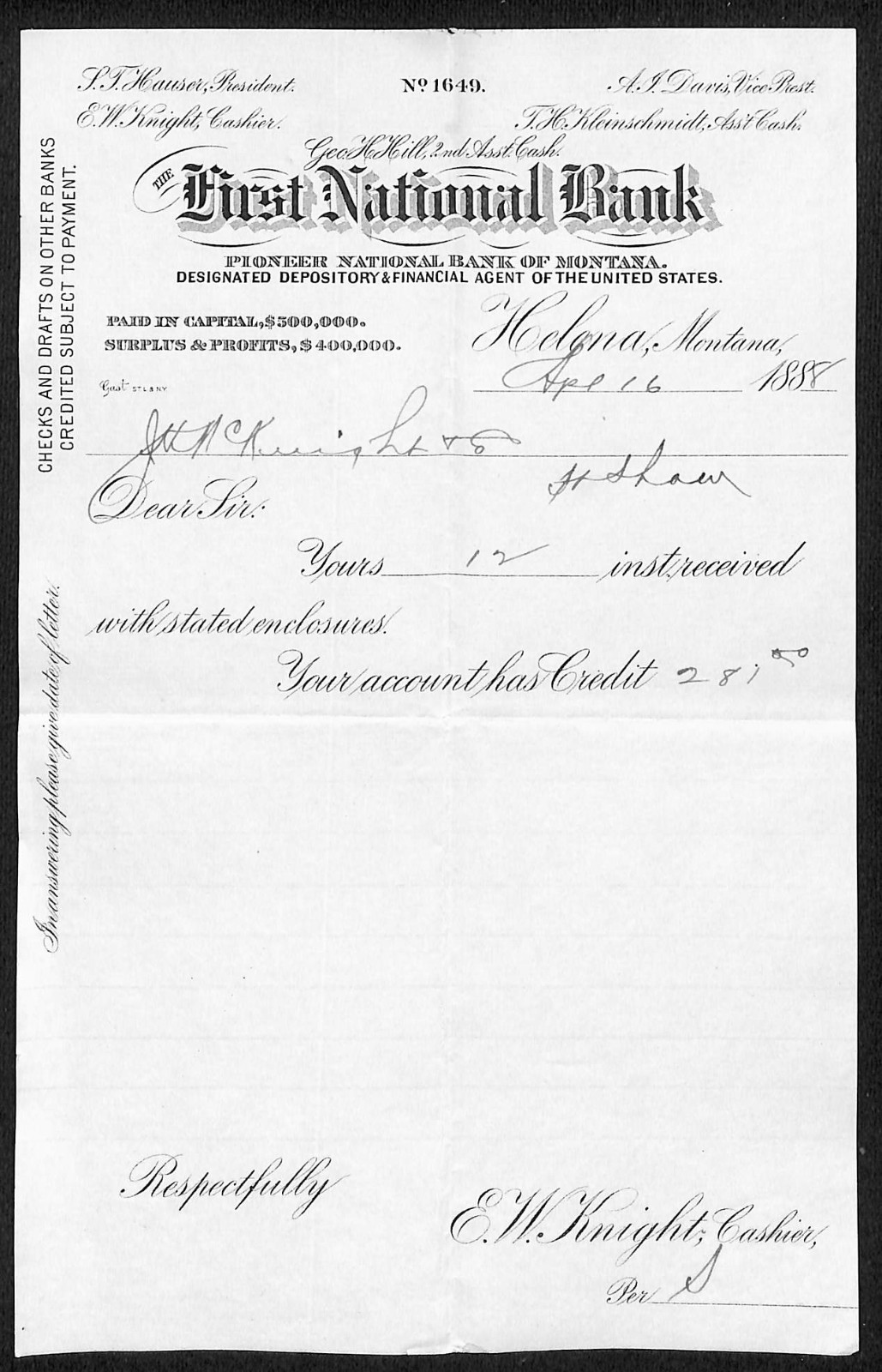 FNB Pioneer National Bank of Montana 1888 Helena Receipt E.W. Knight* (#9)