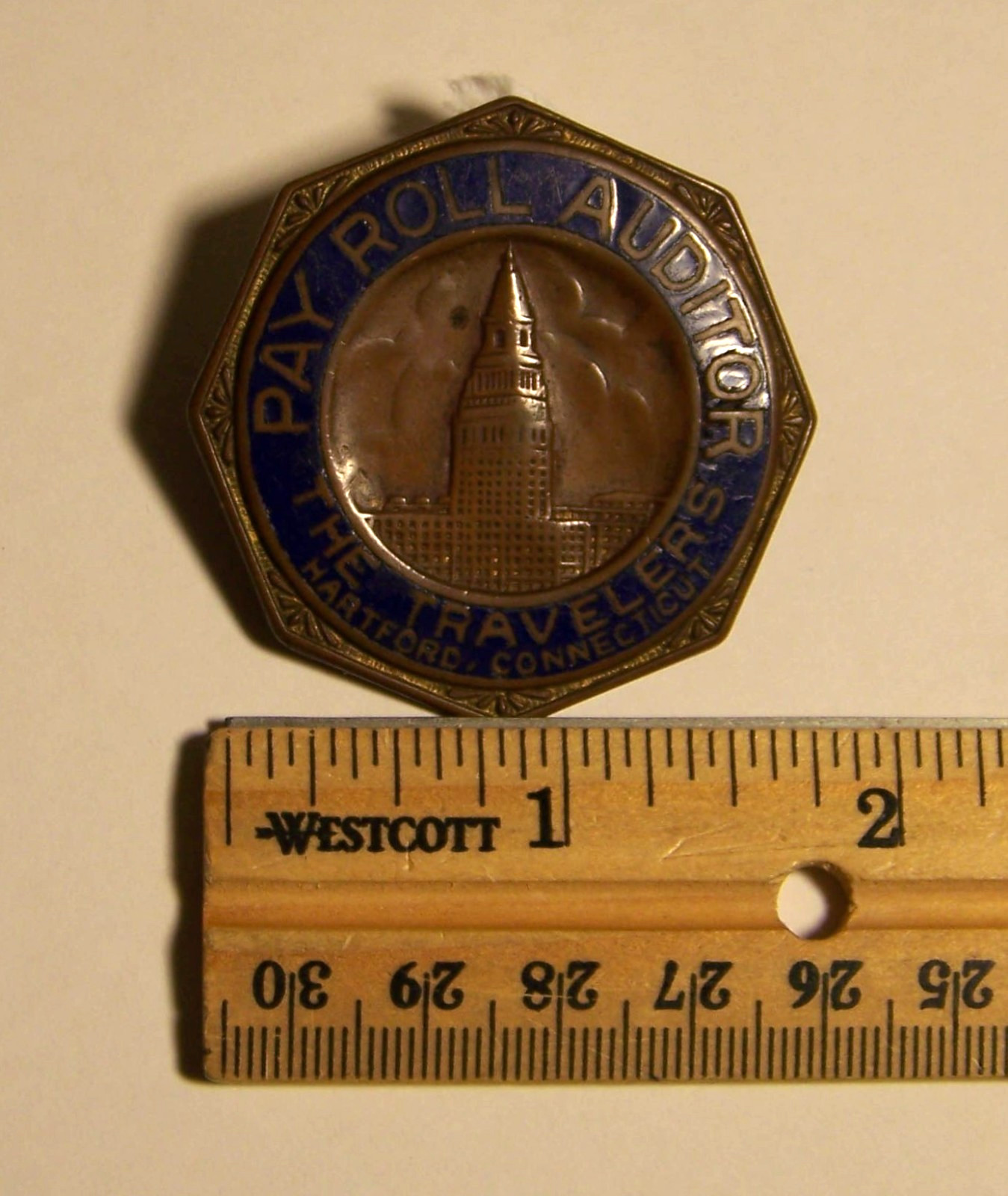 Travelers Insurance, Payroll Auditor, Elegant Bronze and Enamel Pinback, 1 3/4″