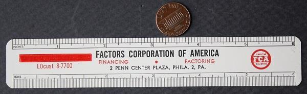 1962 Philadelphia Pennsylvania Factors Financing Corp. of America pocket ruler–
