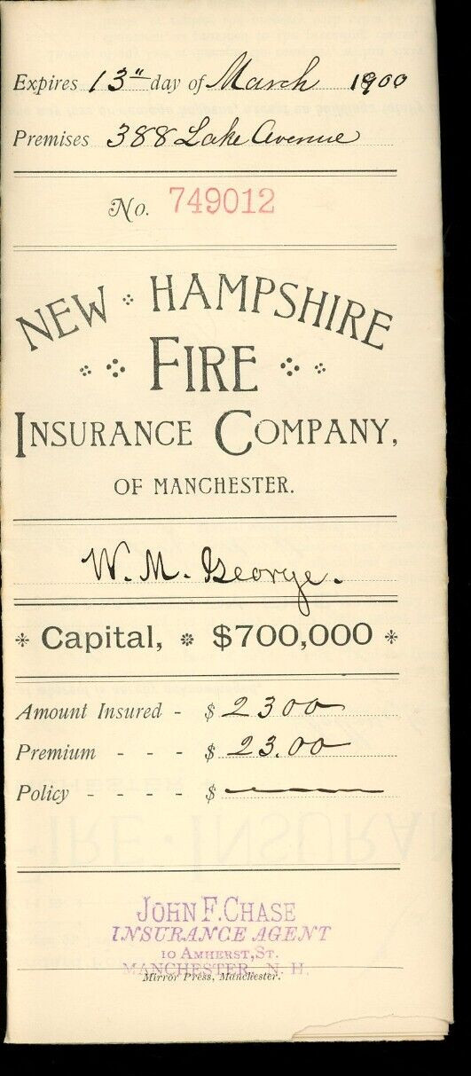 1900 New Hampshire Fire Insurance Company of Manchester Policy