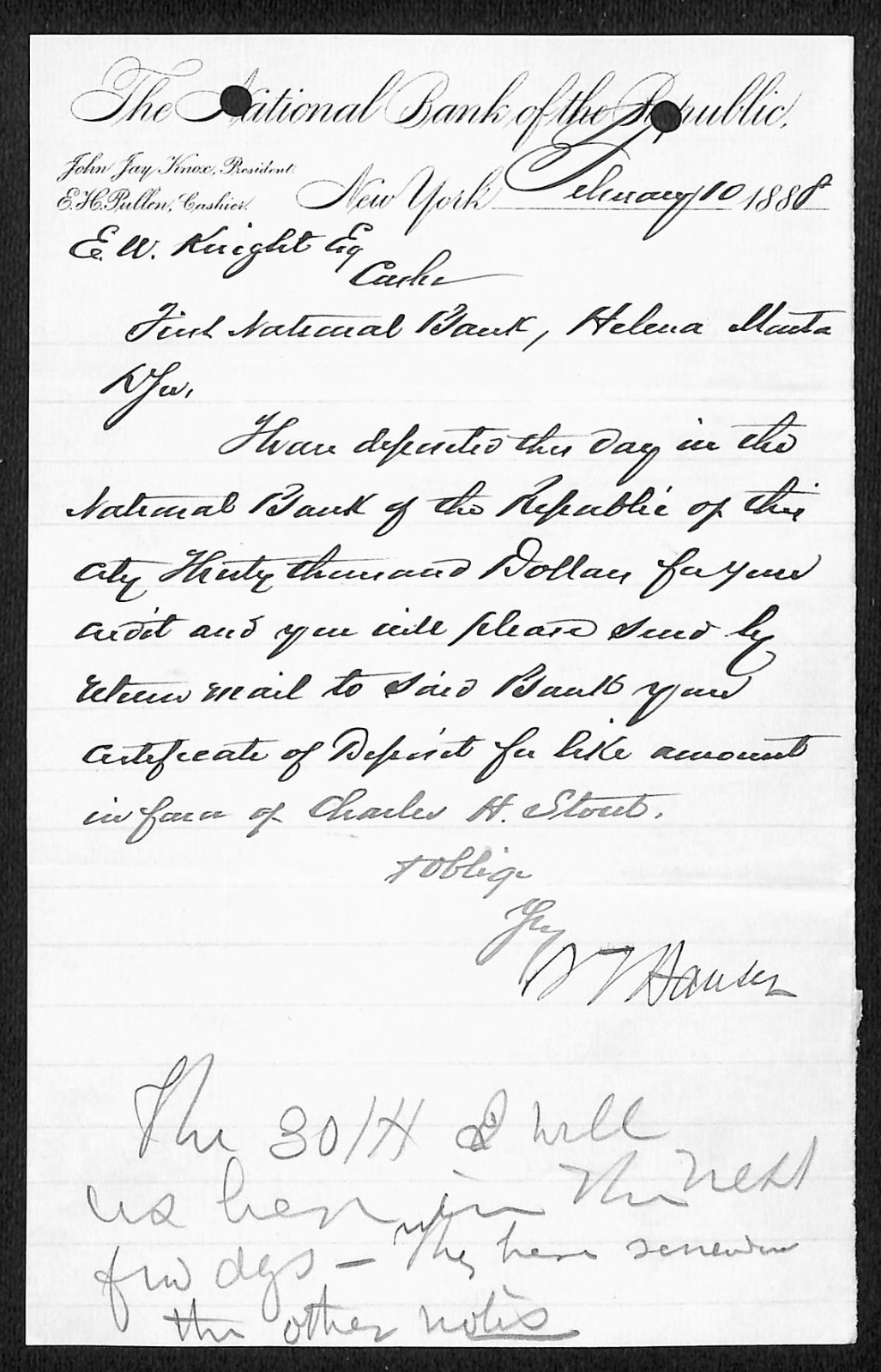 “National Bank of the Republic” NY 1888 ALS Letterhead E.W. Knight* Helena, MT