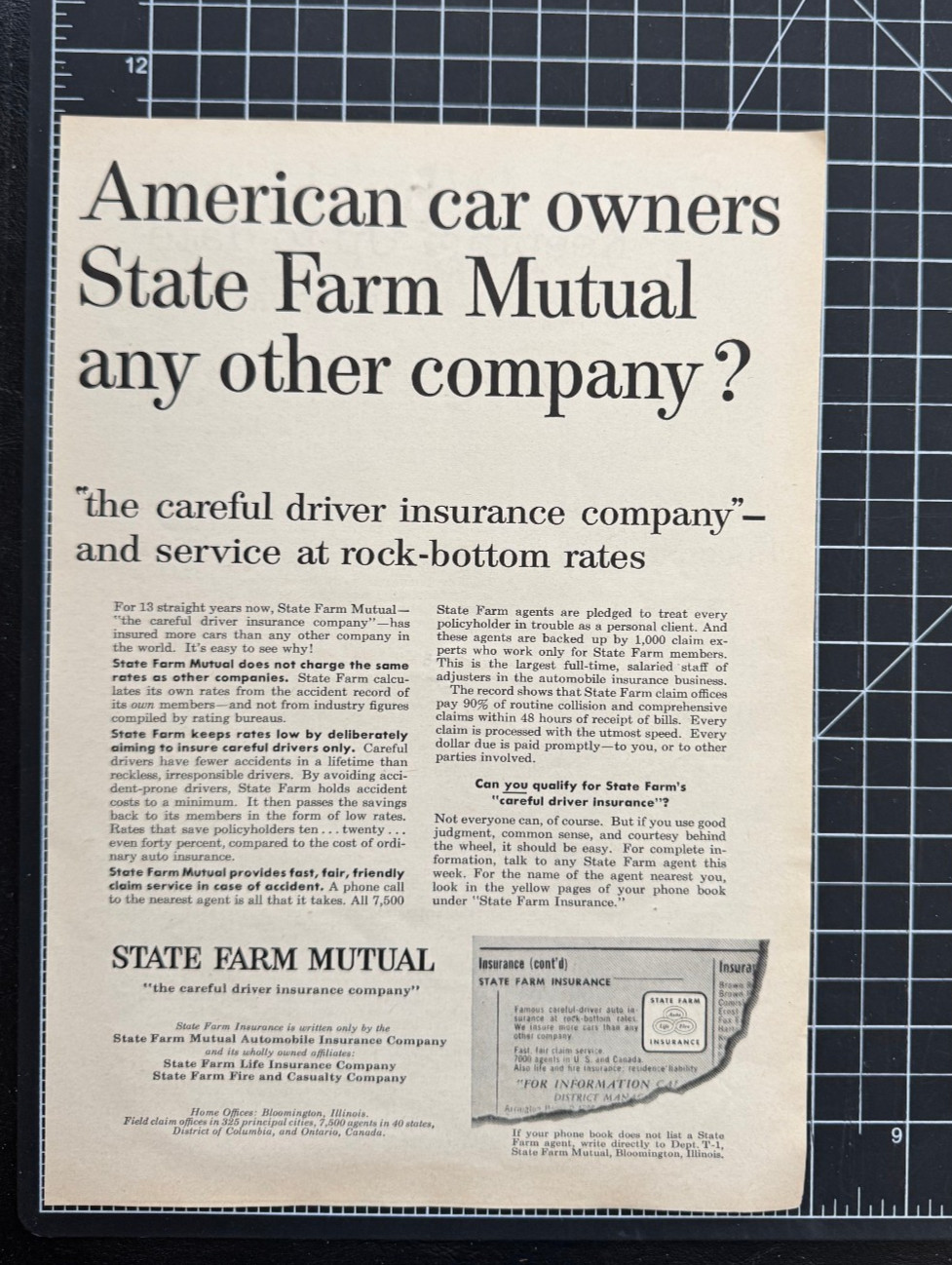 State Farm Mutual Insurance Company Bloomington IL Auto Vintage Print Ad 1955