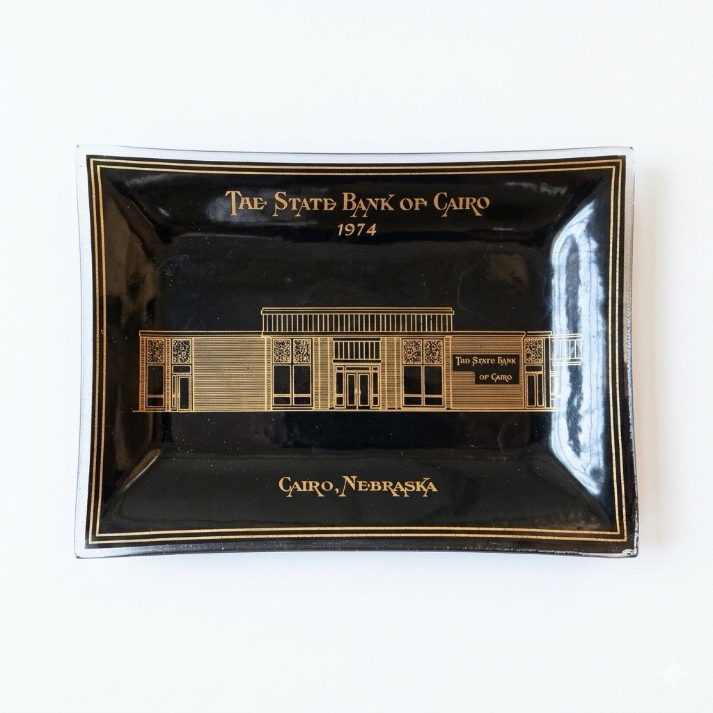 VTG The State Bank of Cairo Nebraska Glass Trinket Dish Catchall Tray, 6.75” L