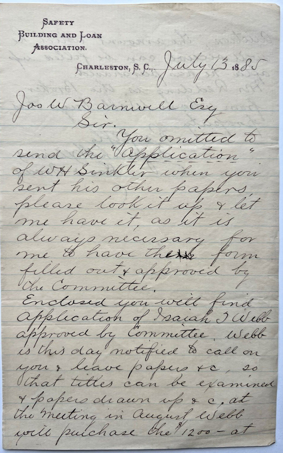 Rare CHARLESTON SC Safety Building & Loan Association 1885 Real Estate Letter 7E