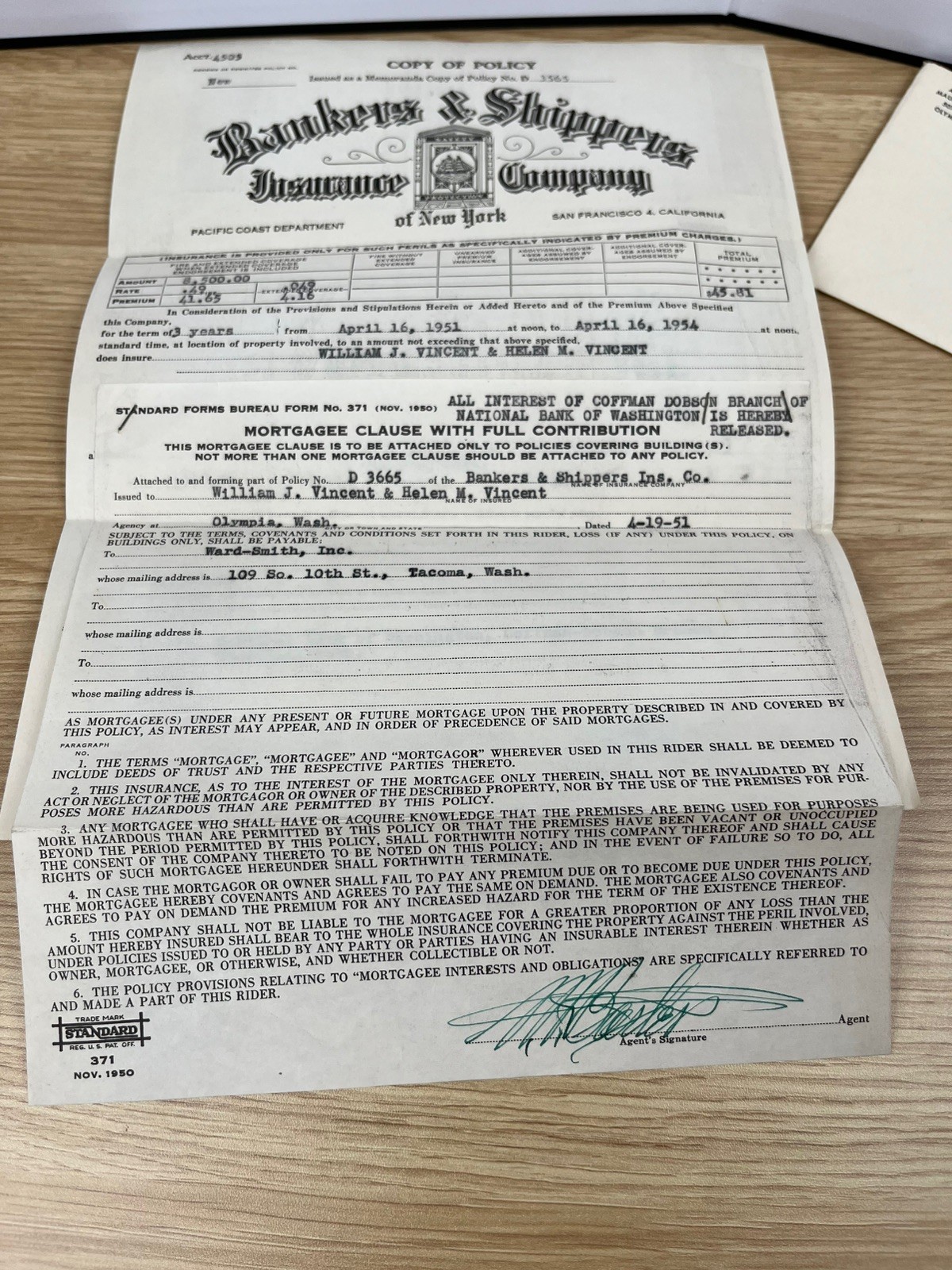 Vintage 1950s Bankers & Shippers Insurance Co. Fire Policy + Envelope