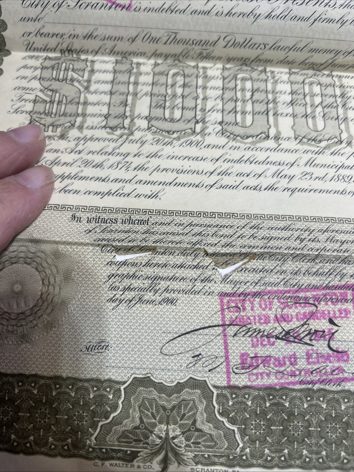 $1000 Bond City Of Scranton June , 1st 1915 SCRANTON,PA
