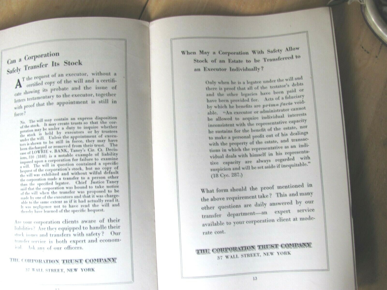 1918 BOOKLET TRANSFER OF CORPORATE STOCK , CORPORATE TRUST CO WALL STREET NY