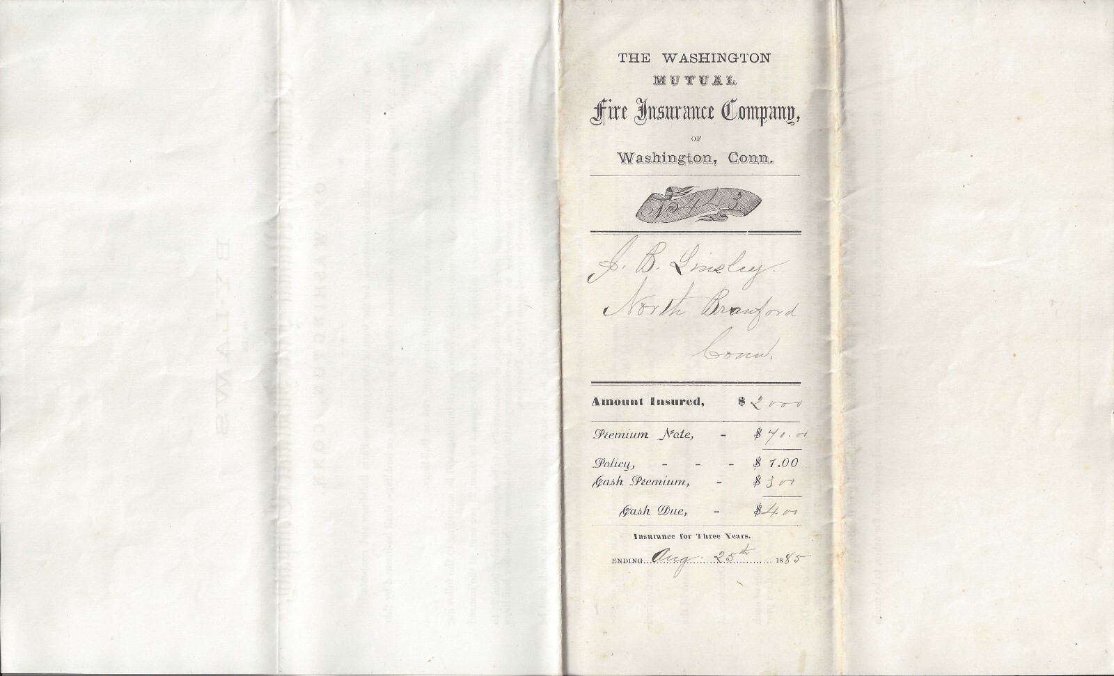 WASHINGTON, CT ~ MUTUAL FIRE INSURANCE CO. INSURES PROPERTY IN NO. BRANFORD 1882