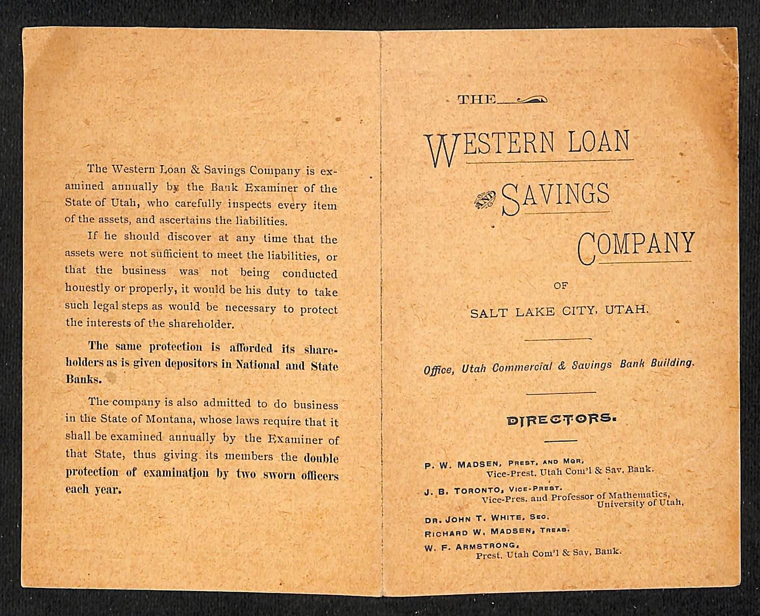 Western Loan & Savings Company Salt Lake City 1901 “Statement of Condition” Card