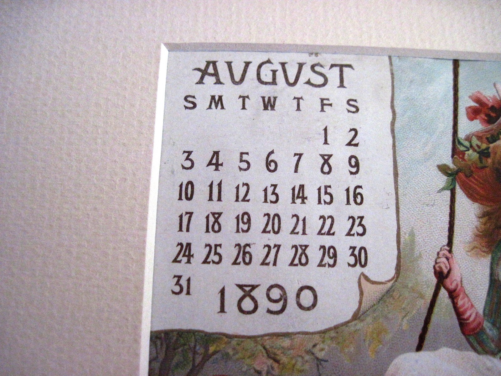 August 1890 Ad Calendar for “Mass. Mutual Life Ins. Co.” Already In Border *