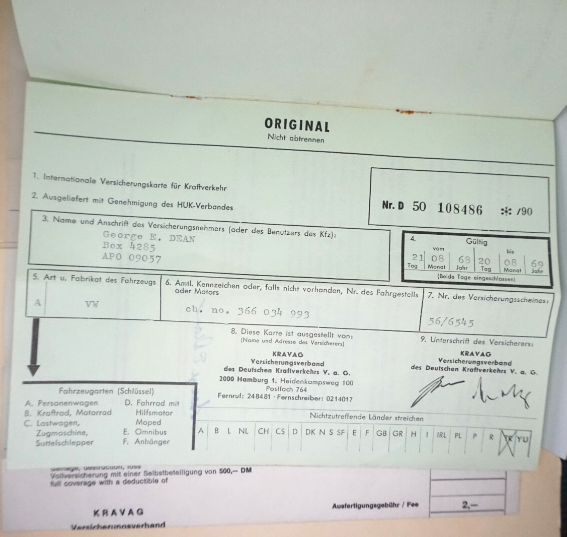1968-69 International Insurance Card Zurich Germany US Military