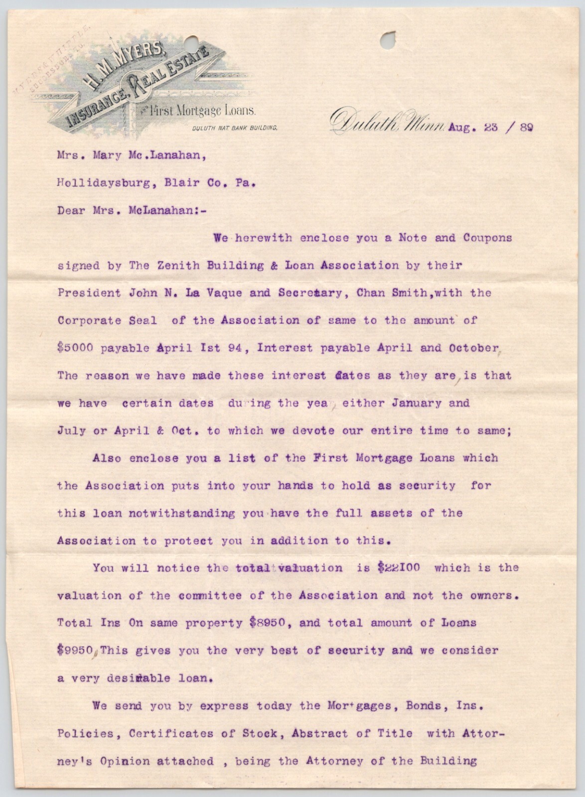 1889 H.M. Myers Real Estate Insurance First Mortgage Liens Duluth MI Letterhead
