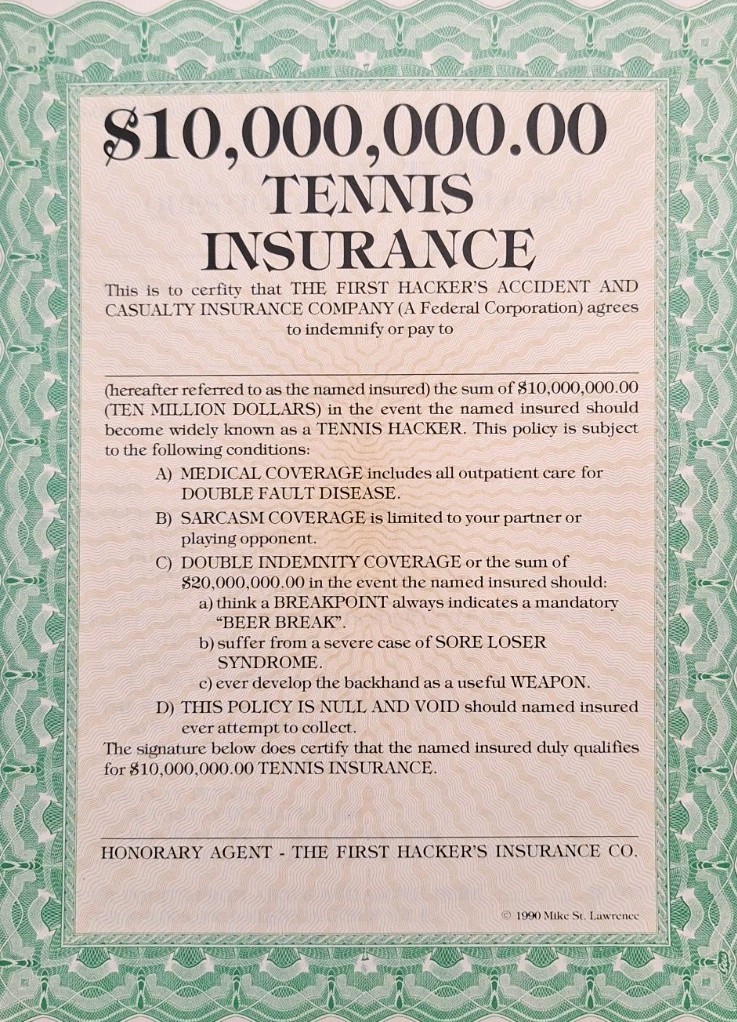 VTG 1990 MIKE ST. LAWRENCE TENNIS INSURANCE POLICY Blank Gag Gift Lot Of 5 *RARE