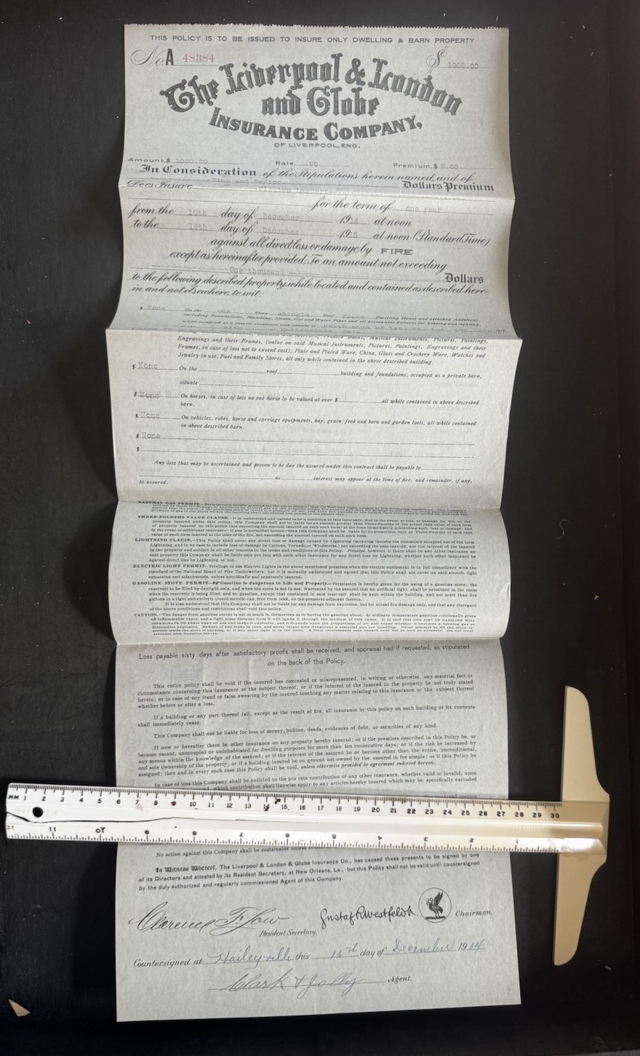1914 The Liverpool & London & Globe Of England Dwelling House Insurance policy