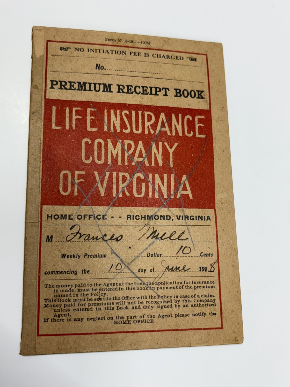 Life Insurance Company of Virginia Premium Receipt Book 1918