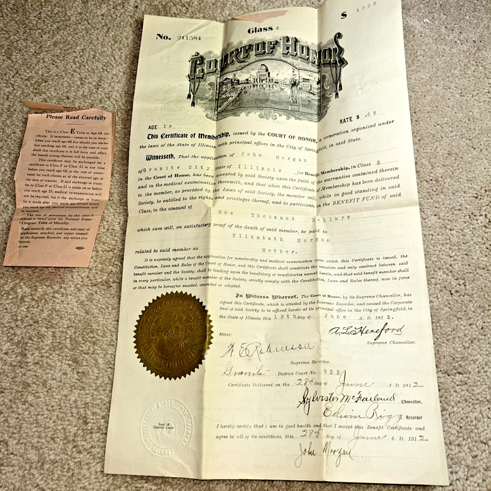 1912 COURT OF HONOR State of Illinois MEMBERSHIP CERTIFICATE – Granite City IL