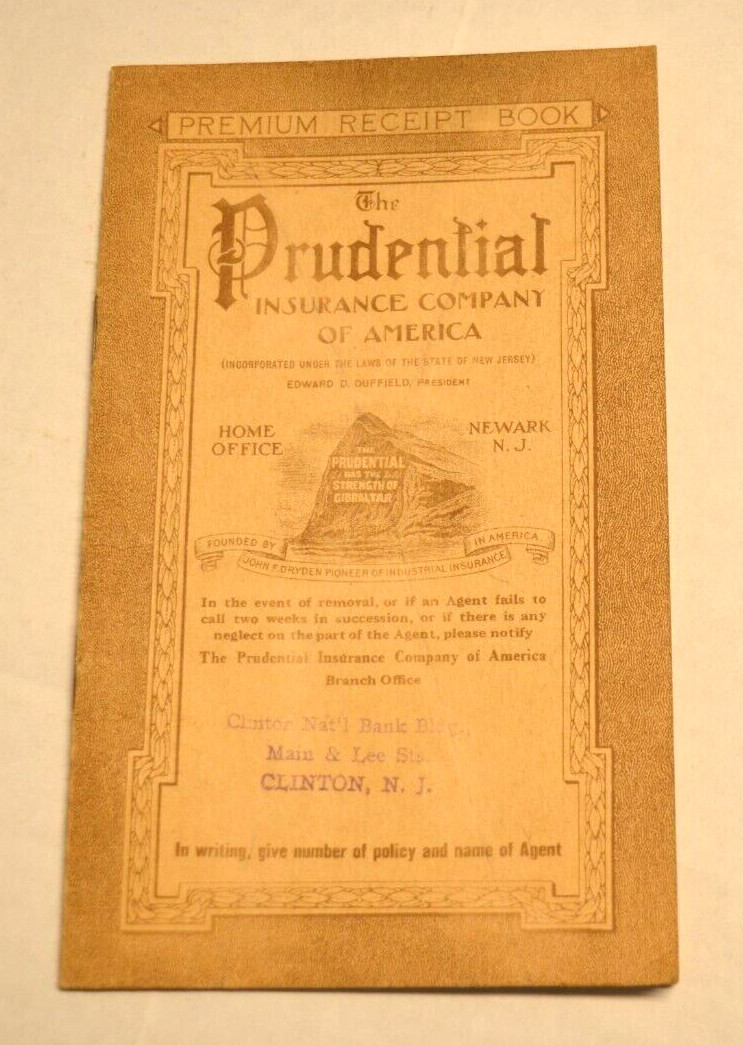 Vintage 1923 Prudential Insurance Co of America Newark Premium Receipt Book