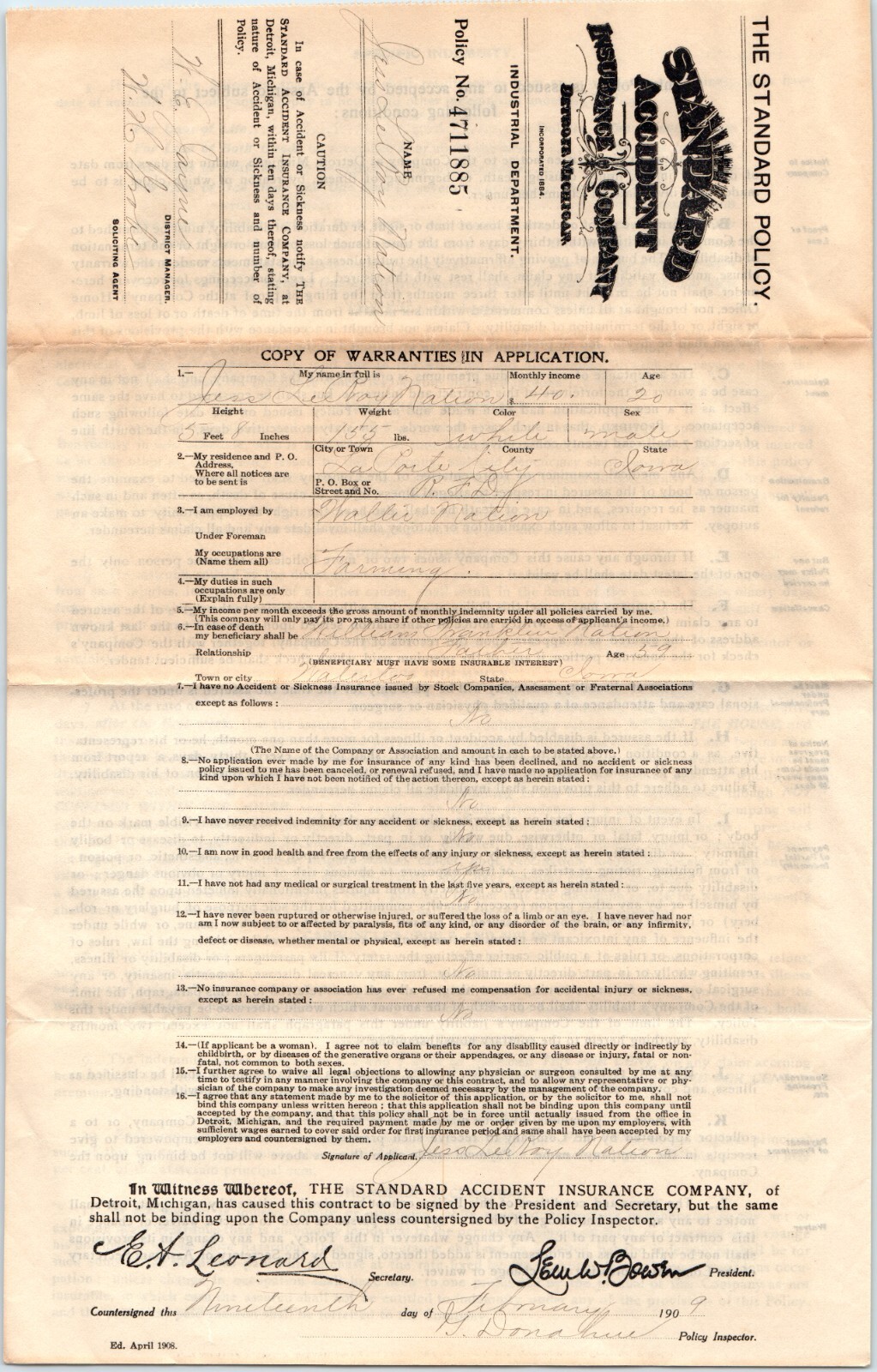 1909 Detroit Standard Accident Insurance Industrial Policy La Porte City Farm 5Q