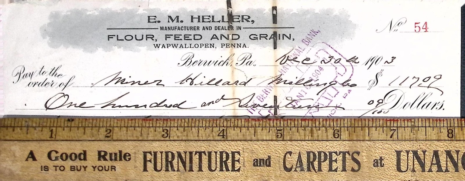 Vintage 1903 Pennsylvania Flour Feed And Grain Bank Check Berwick Wapwallopen