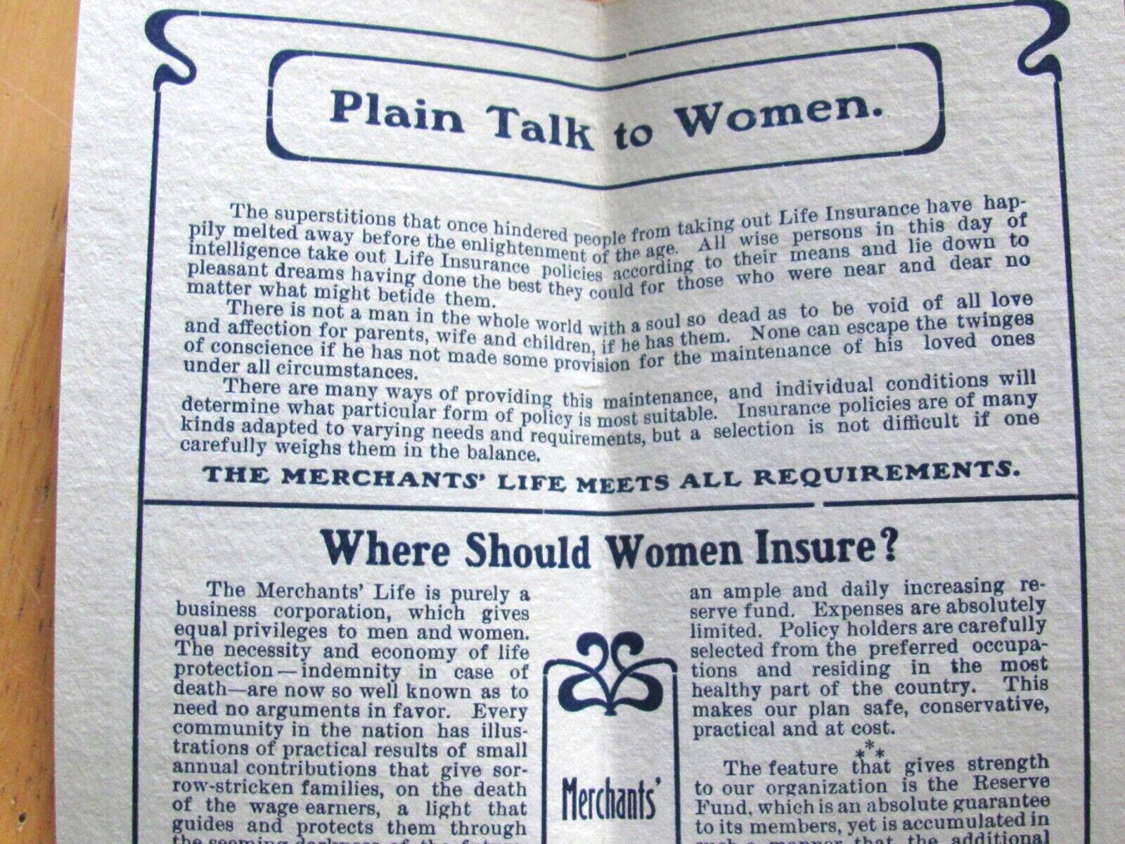 c 1920 MERCHANTS LIFE ASSOCIATION BURLINGTON IOWA INSURANCE FOR WOMEN