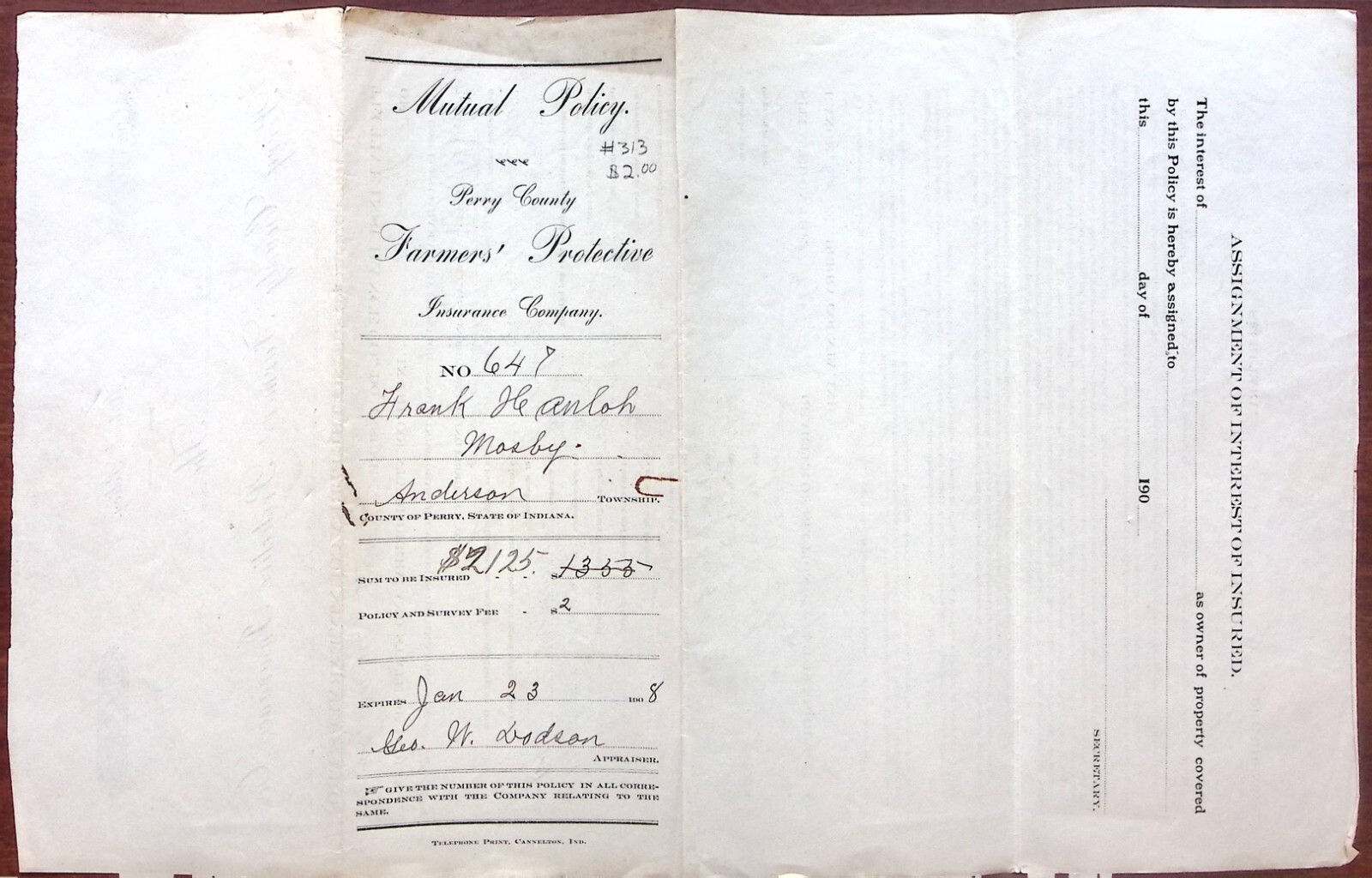 1905 MOSBY INDIANA FARMERS PROTECTIVE INSURANCE CO FRAND HEANLOH POLICY Z6744