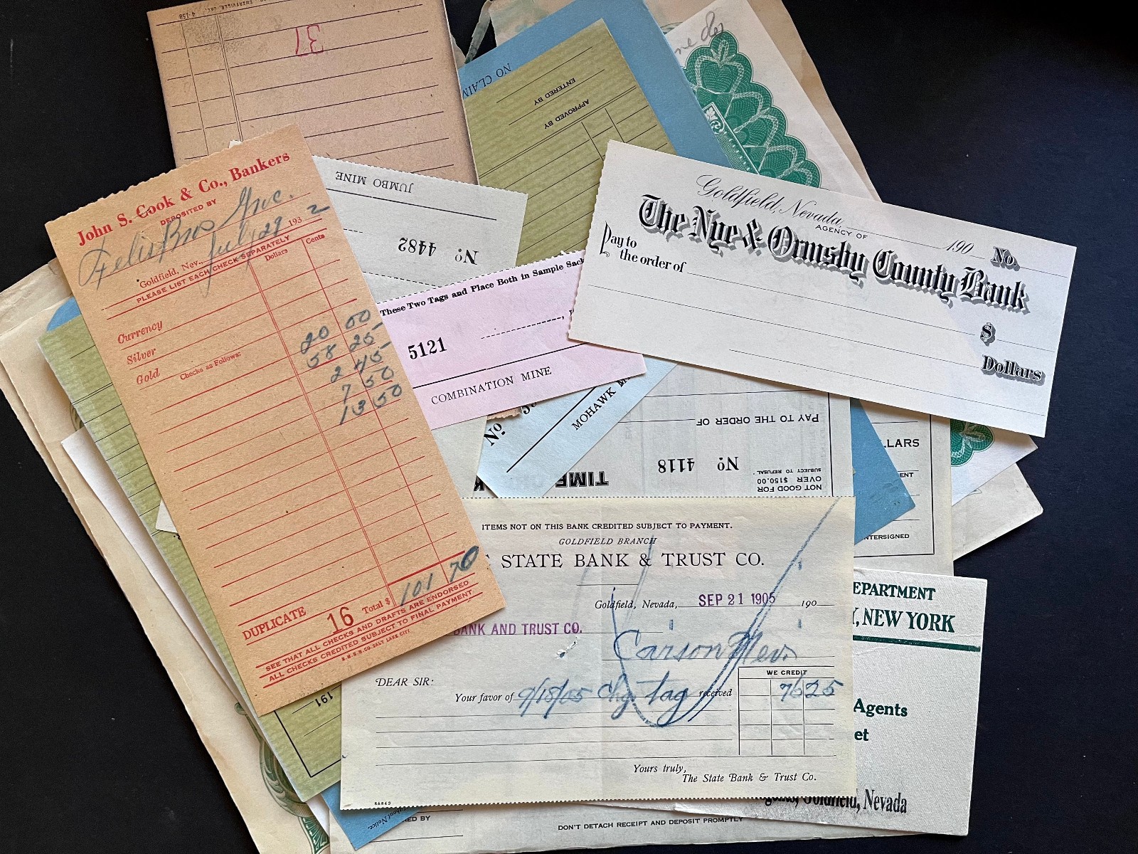GOLDFIELD NV GHOST TOWN 1900-20s EPHEMERA LOT STOCKS, VOUCHERS,COOK,CHECKS,MINES