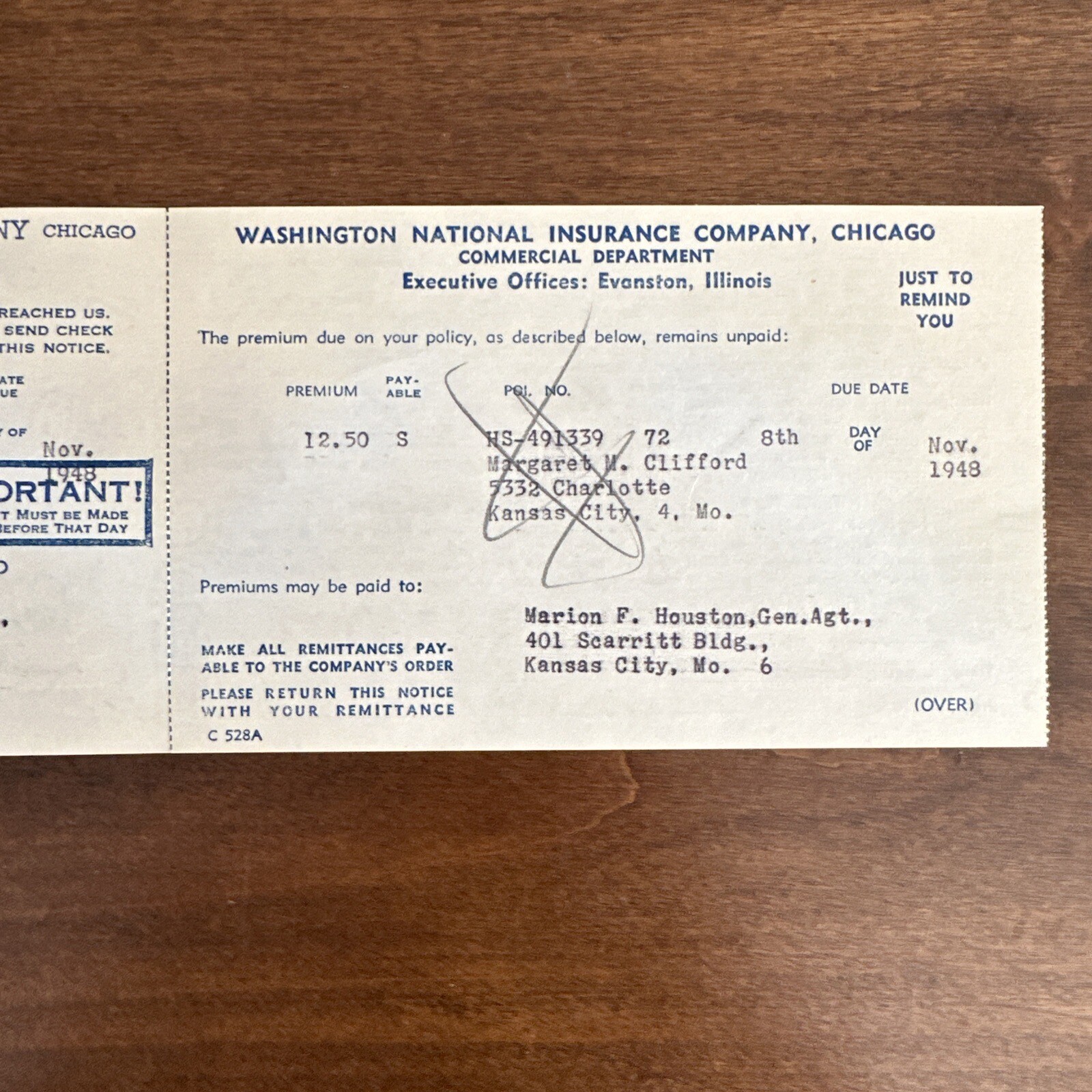 Washington National Insurance Company 1948 Payment Voucher Vintage